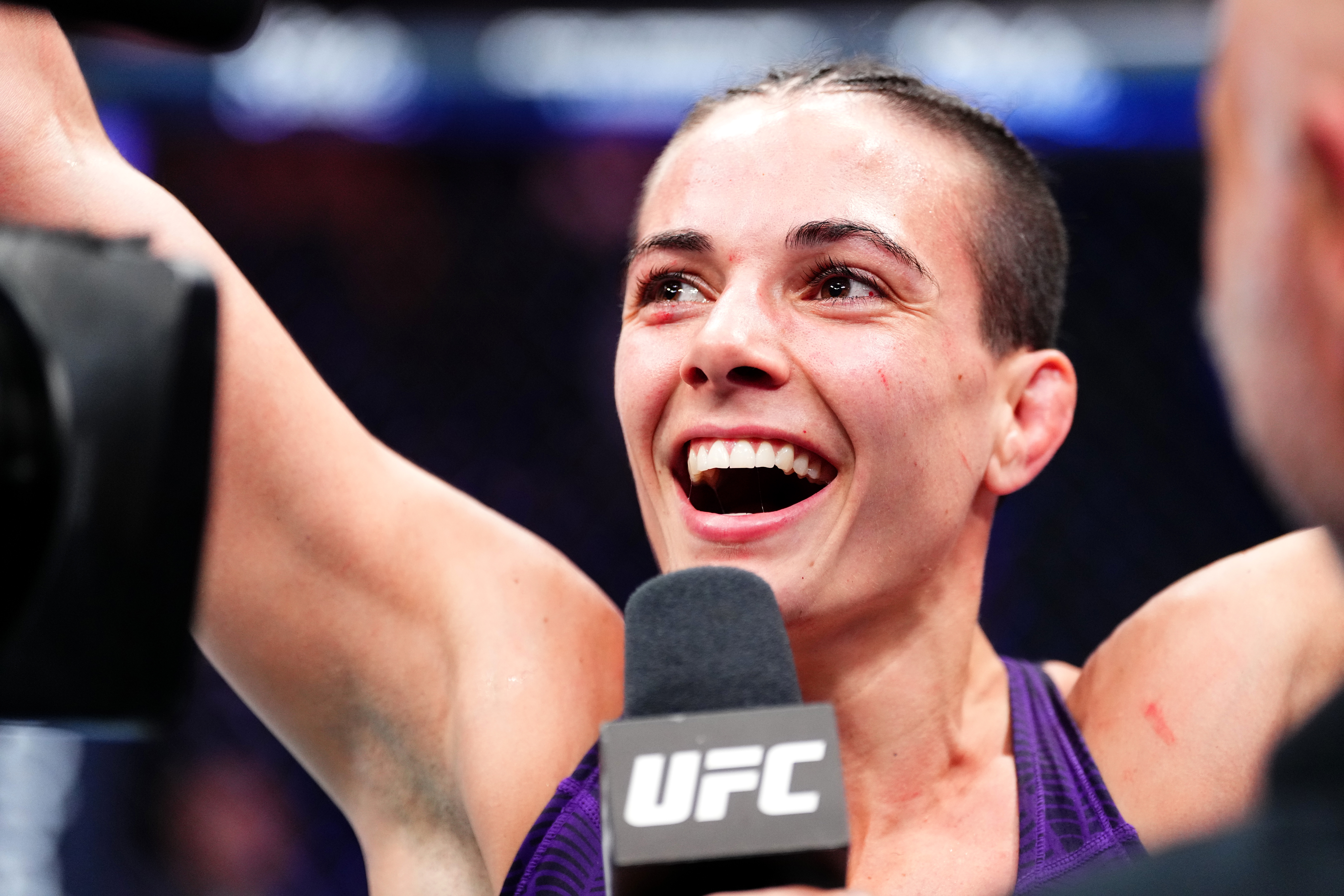 NEW YORK, NEW YORK - NOVEMBER 15: (R-L) Joe Rogan interviews Fatima Kline in a featherweight fight during the UFC 322 event at Madison Square Garden on November 15, 2025 in New York City. (Photo by Jeff Bottari/Zuffa LLC)