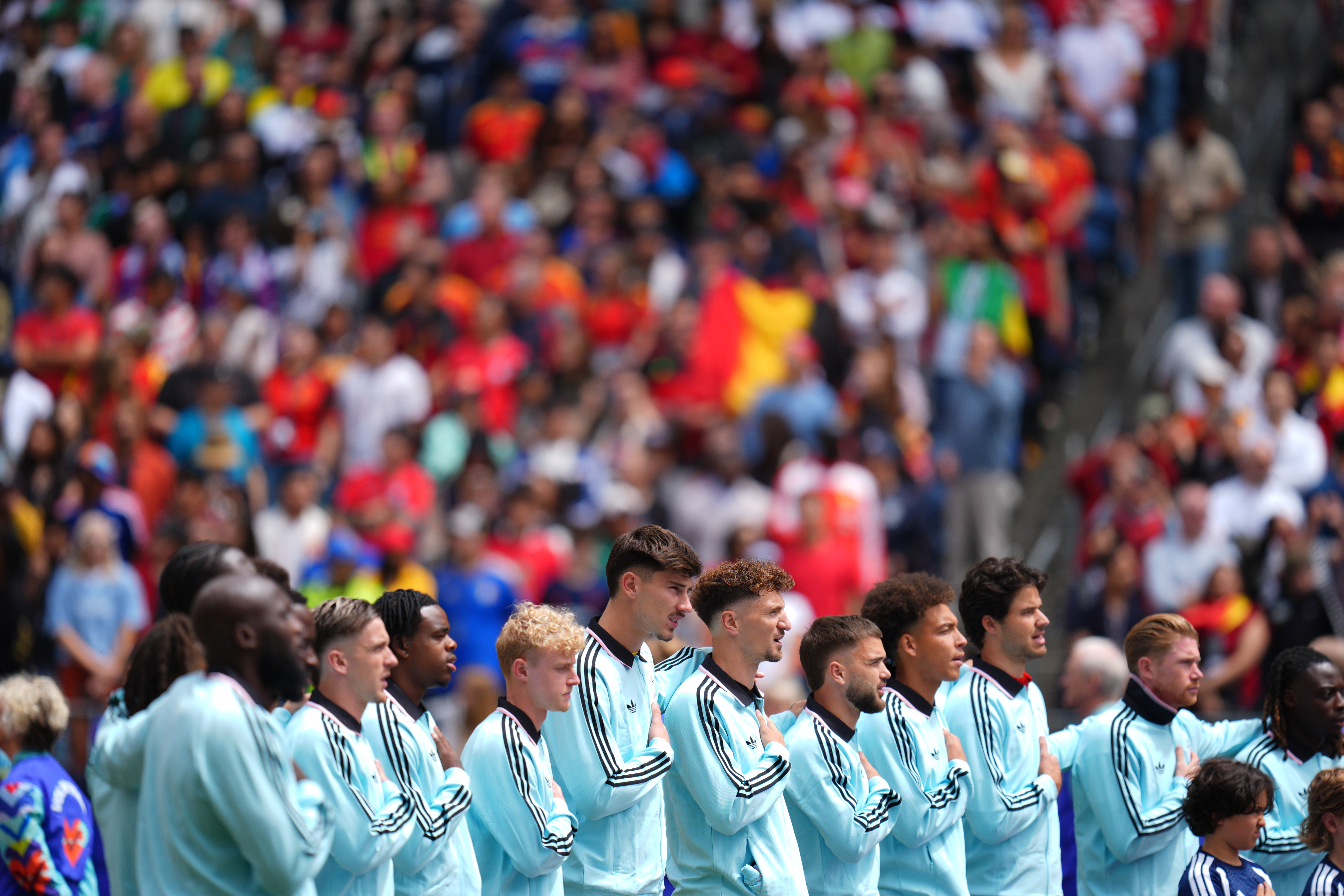Belgian players stand during a national anthem before the World Cup round of 32 soccer match between Belgium and Senegal in Seattle, Wednesday, July 1, 2026. (AP Photo/Manu Fernandez)