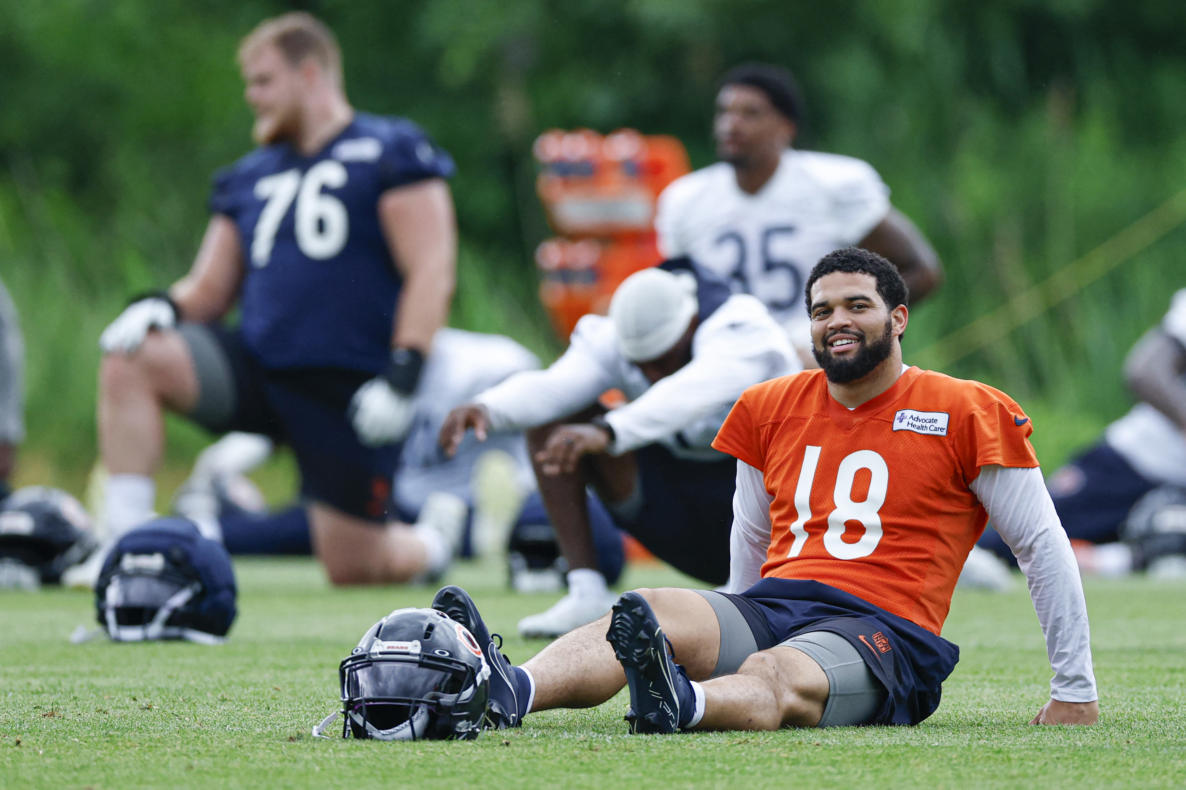 Jun 11, 2026; Lake Forest, IL, USA; Chicago Bears quarterback Caleb Williams (18) smiles during Minicamp at Halas Hall. Mandatory Credit: Kamil Krzaczynski-Imagn Images