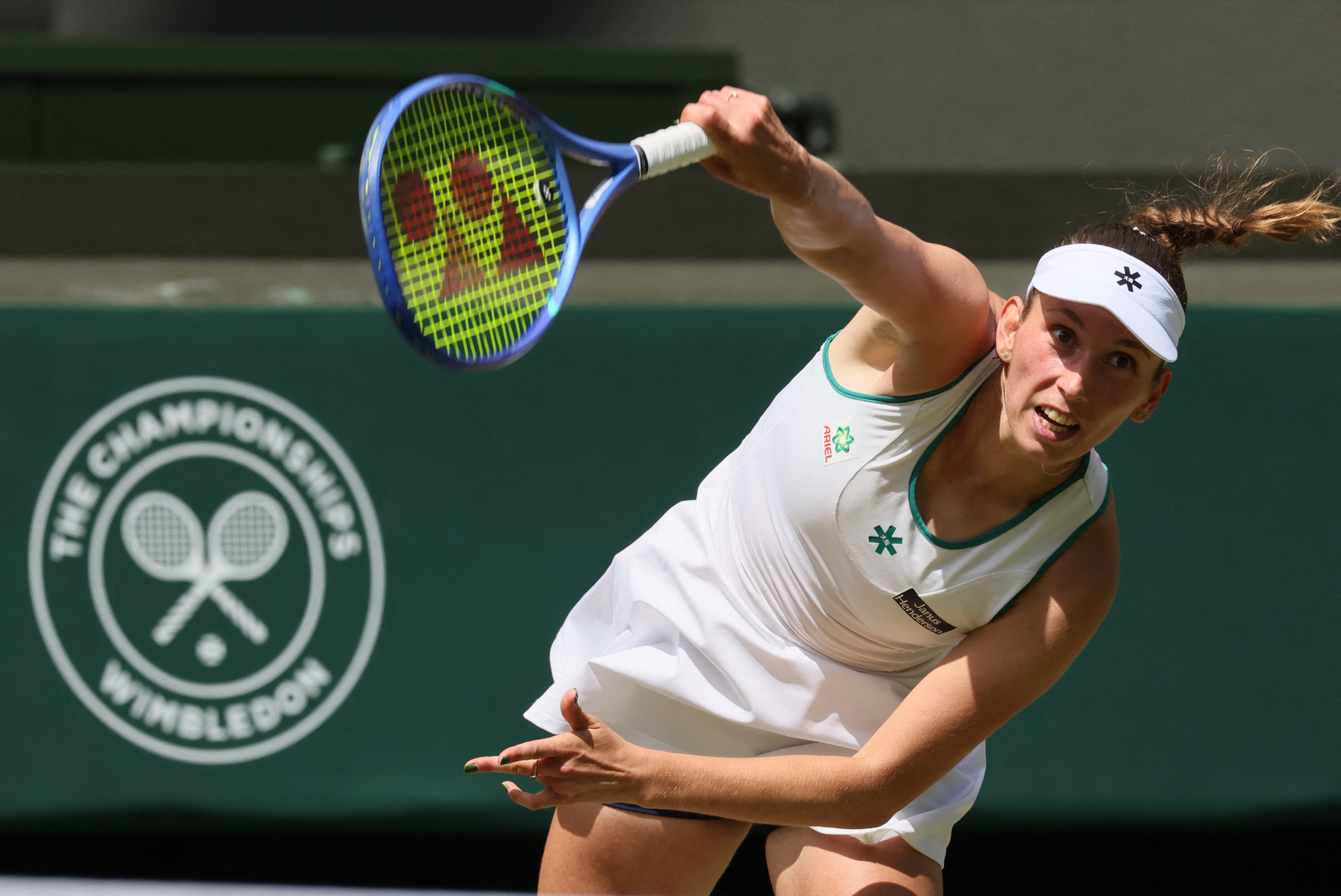 Belgian Elise Mertens pictured in action during a tennis match between Belgian Mertens and Kazakh Rybakina, in the third round of the Ladies' singles at the Wimbledon grand slam tennis tournament in London, Britain, Saturday 04 July 2026. (Photo by BENOIT DOPPAGNE / BELGA MAG / Belga / AFP via Getty Images)