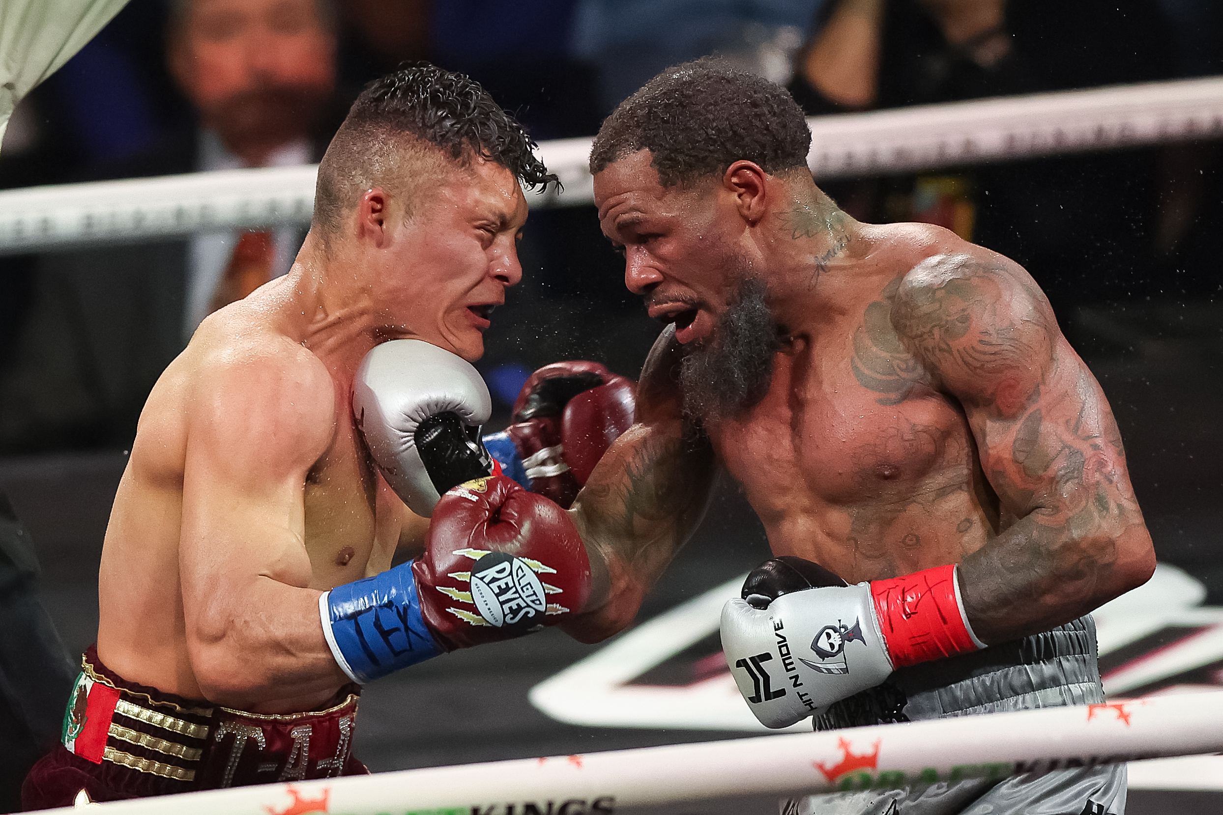SAN ANTONIO, TEXAS - DECEMBER 6: Lamont Roach (R) hits Isaac Pitbull Cruz (L) during the Interim WBC Super Lightweight Title fight bout at Frost Bank Center on December 6, 2025 in San Antonio, Texas. (Photo by Omar Vega/Getty Images)