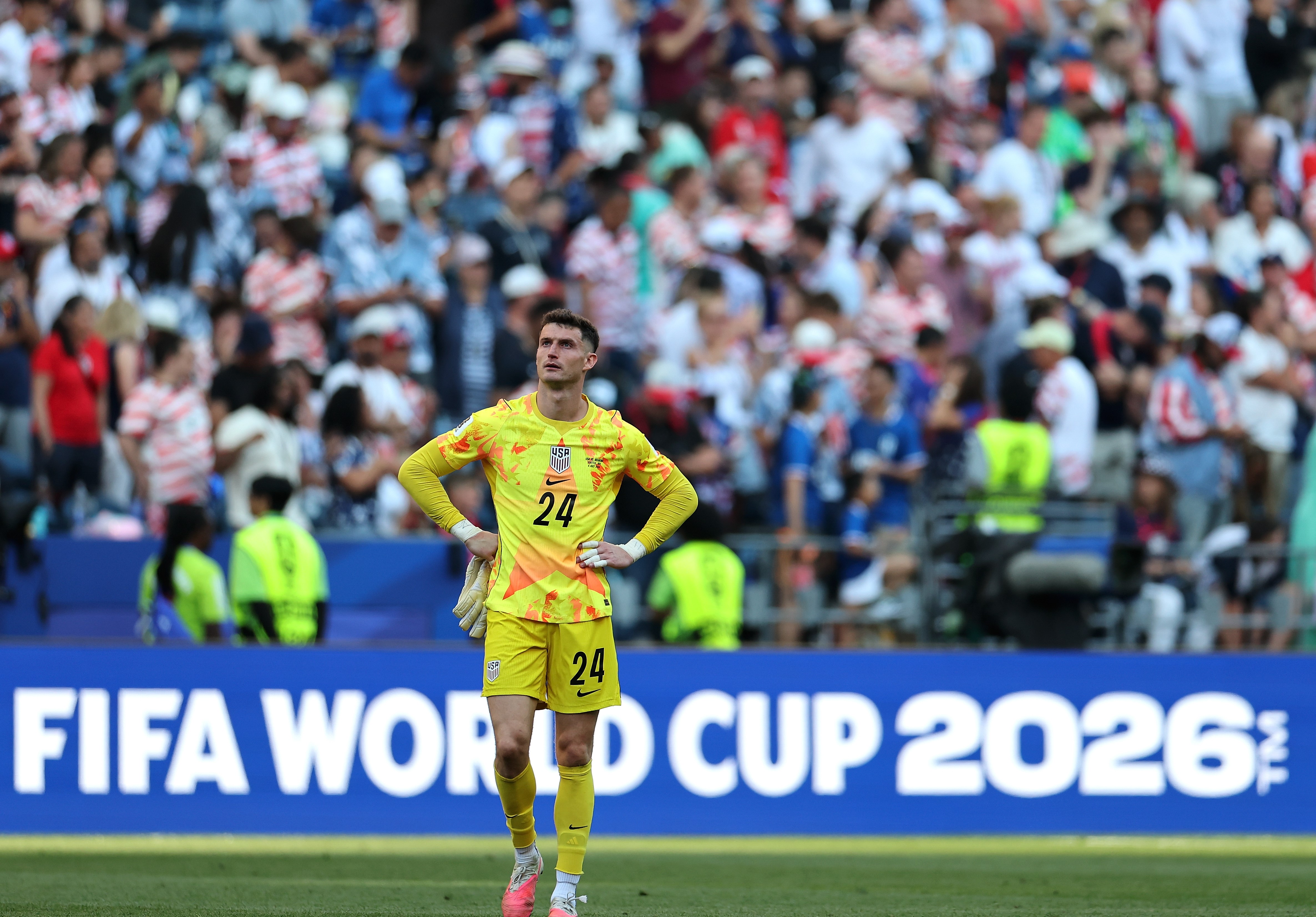 Matt Freese, goalkeeper of the United States, looks dejected after losing the round of 16 match between the United States and Belgium at the 2026 FIFA World Cup at Seattle Stadium in Seattle, the United States, July 6, 2026. (Photo by Xu Chang/Xinhua via Getty Images)
