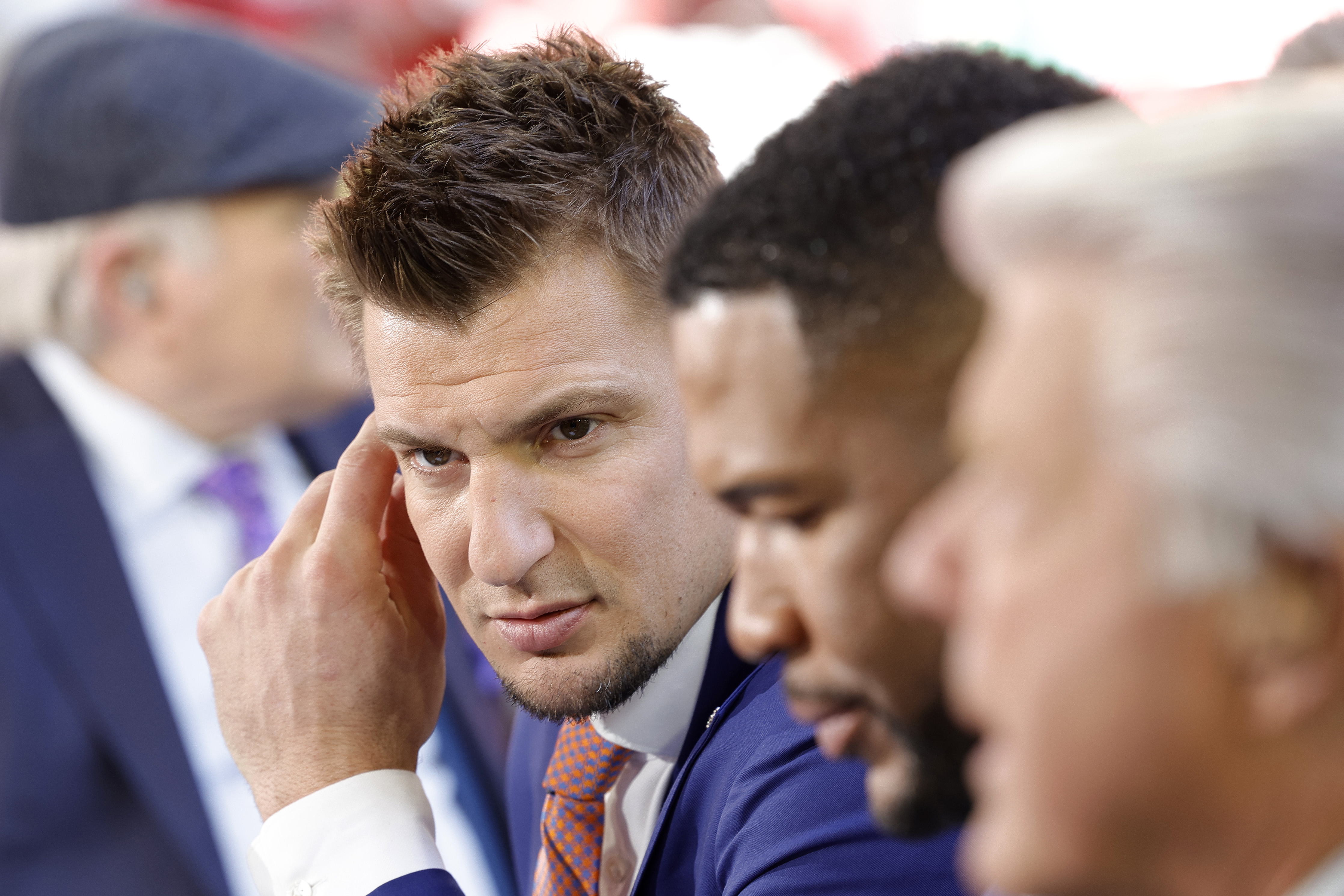 GLENDALE, ARIZONA - FEBRUARY 12: Fox Sports announcer Rob Gronkowski looks on before Super Bowl LVII between the Kansas City Chiefs and the Philadelphia Eagles at State Farm Stadium on February 12, 2023 in Glendale, Arizona. (Photo by Carmen Mandato/Getty Images)