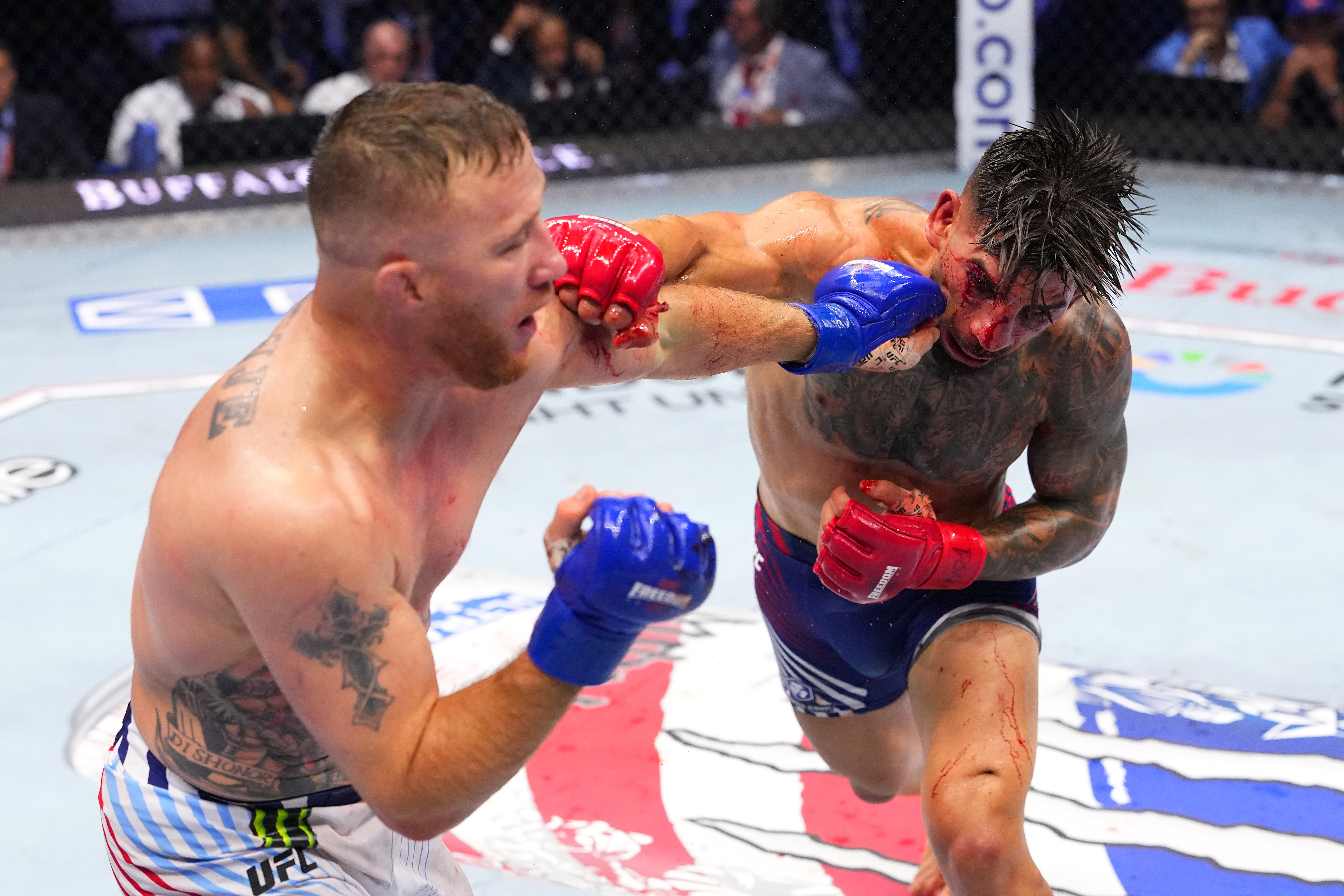 WASHINGTON, DC - JUNE 14: Justin Gaethje strikes Ilia Topuria of Spain in the UFC lightweight championship fight during the UFC Freedom 250 event on the South Lawn at the White House on June 14, 2026 in Washington, DC. (Photo by Jeff Bottari/Zuffa LLC)