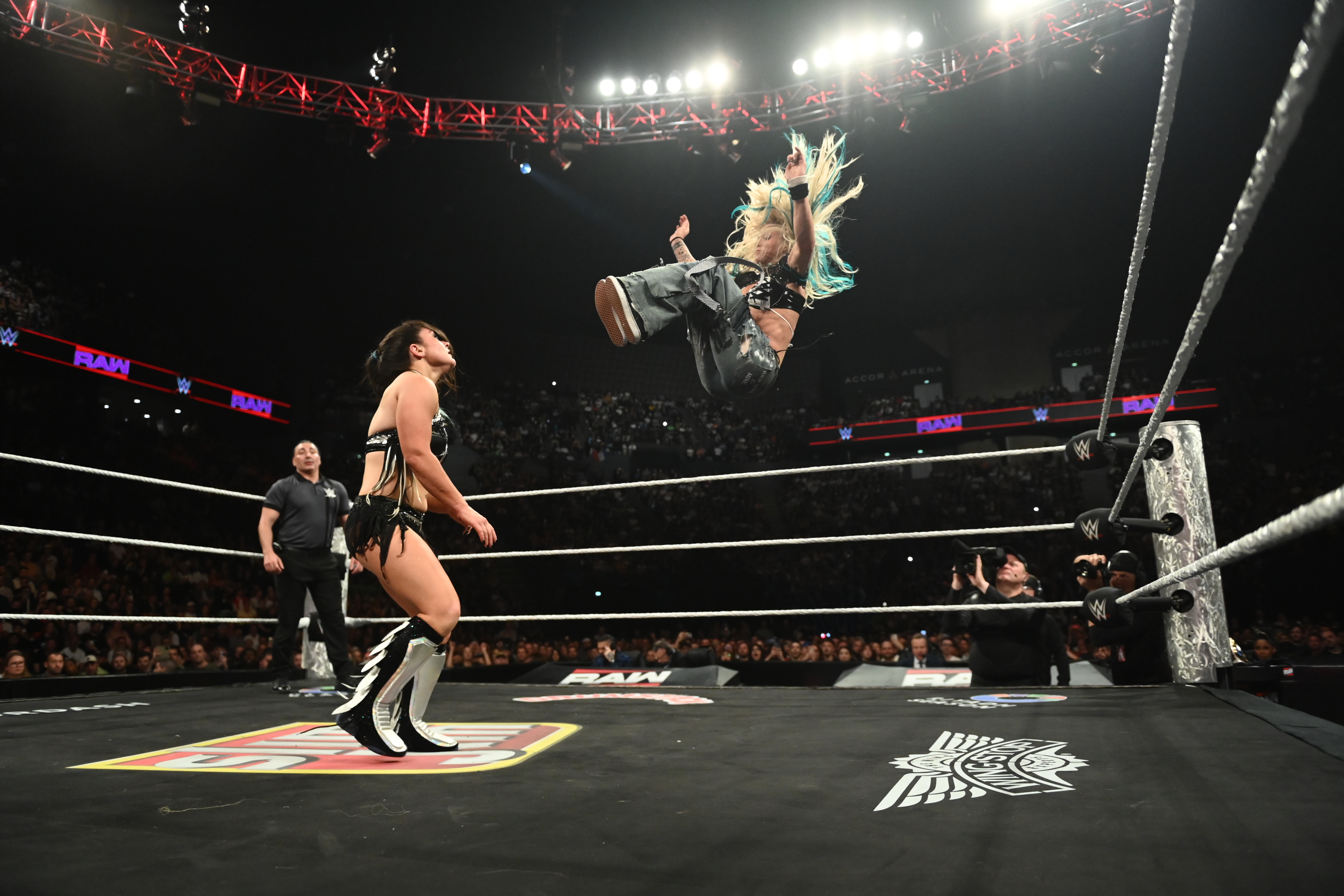 PARIS, FRANCE - JUNE 8: Sol Ruca and Lyra Valkyria in action during Monday Night RAW at The Accor Arena on June 8, 2026 in Paris, France.  (Photo by Andrew Timms/WWE via Getty Images)