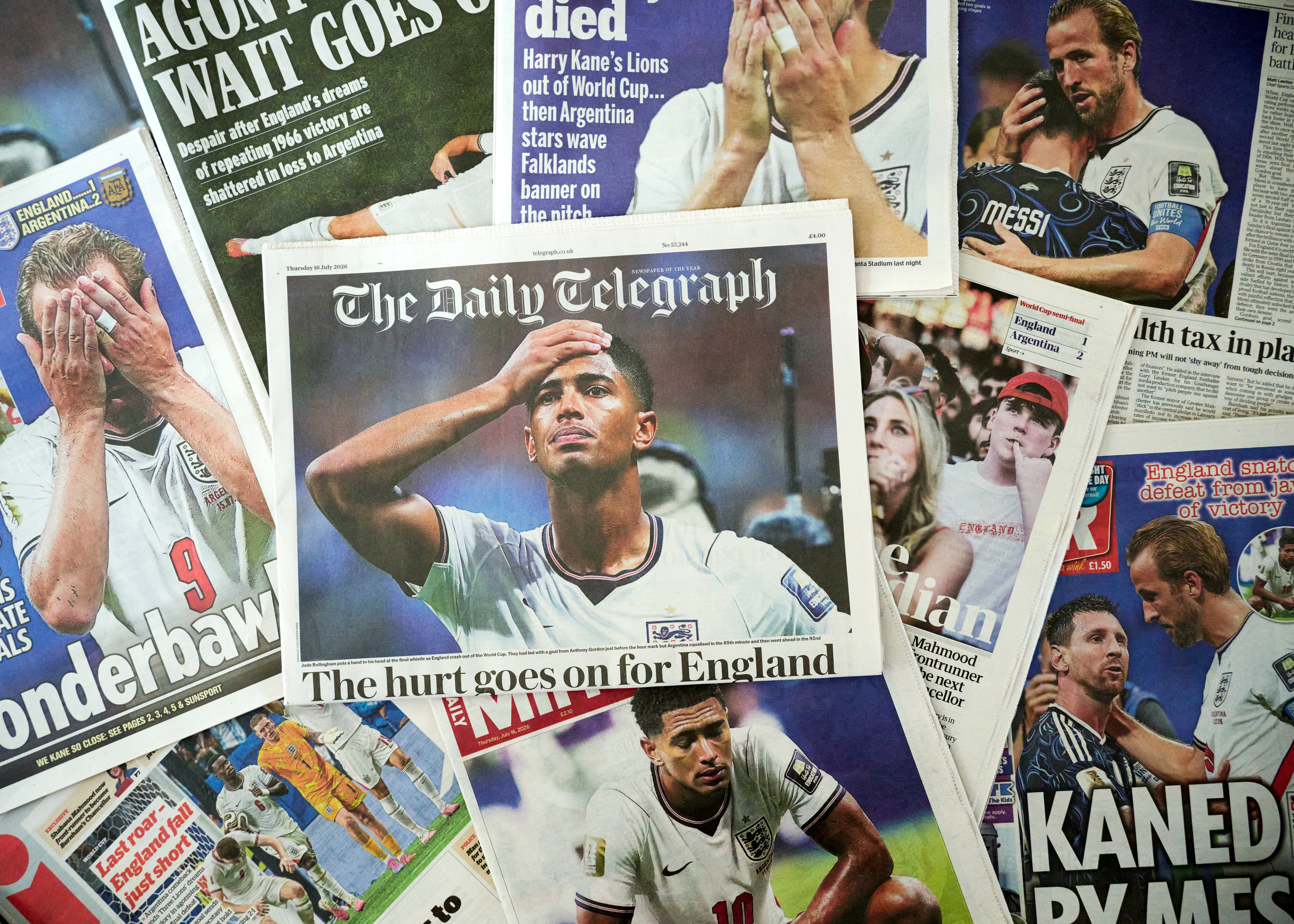 LONDON, ENGLAND - JULY 16: UK newspaper front pages display stories and images on England's loss to Argentina in the semi-final of the FIFA World Cup on July 16, 2026 in London, England. (Photo by Gareth Cattermole/Getty Images)