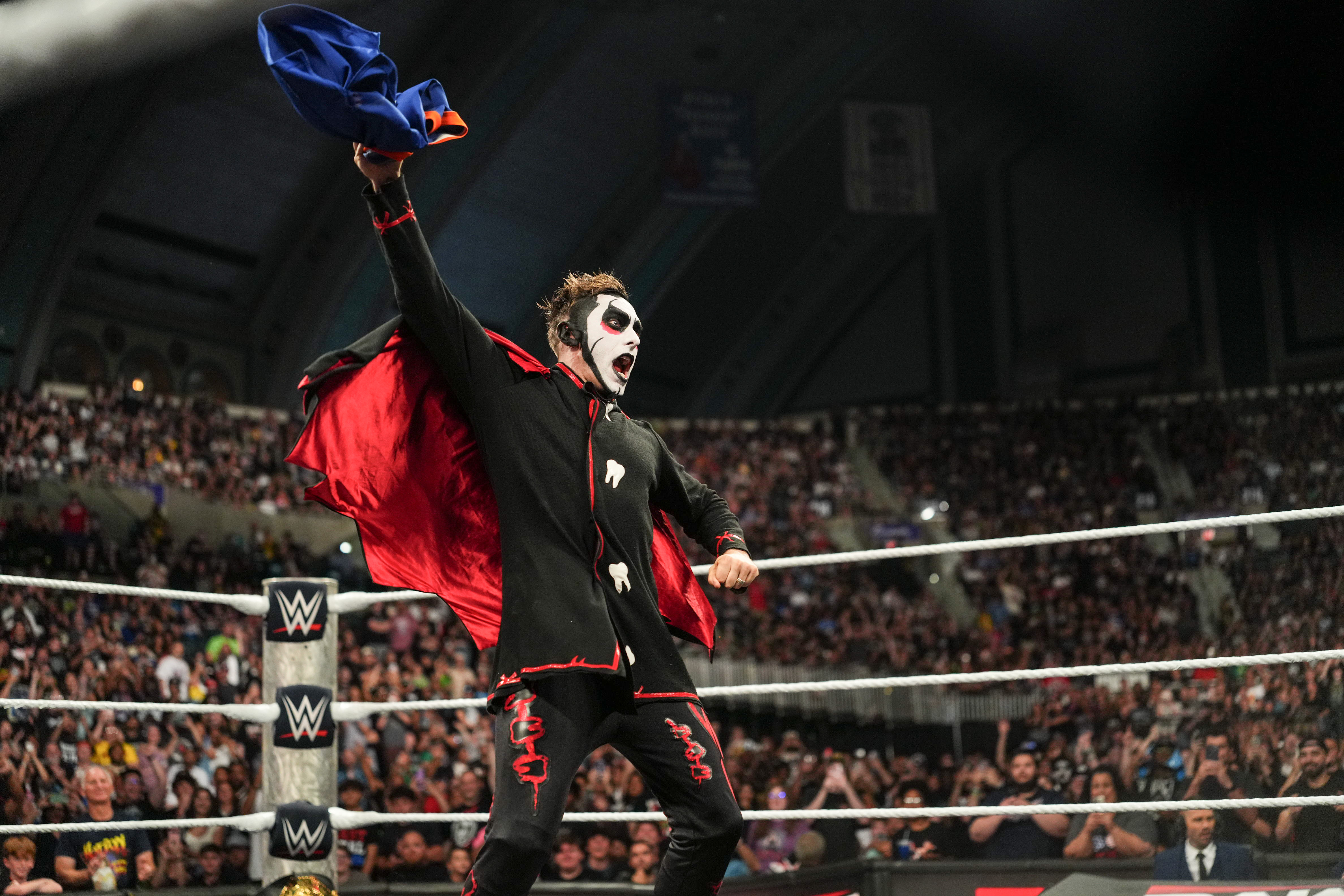 ATLANTIC CITY, NEW JERSEY - JUNE 29: Danhausen celebrates in ring with his Knicks jersey during Monday Night RAW at Boardwalk Hall Arena on June 29, 2026 in Atlantic City, New Jersey. (Photo by Rich Wade/WWE via Getty Images)