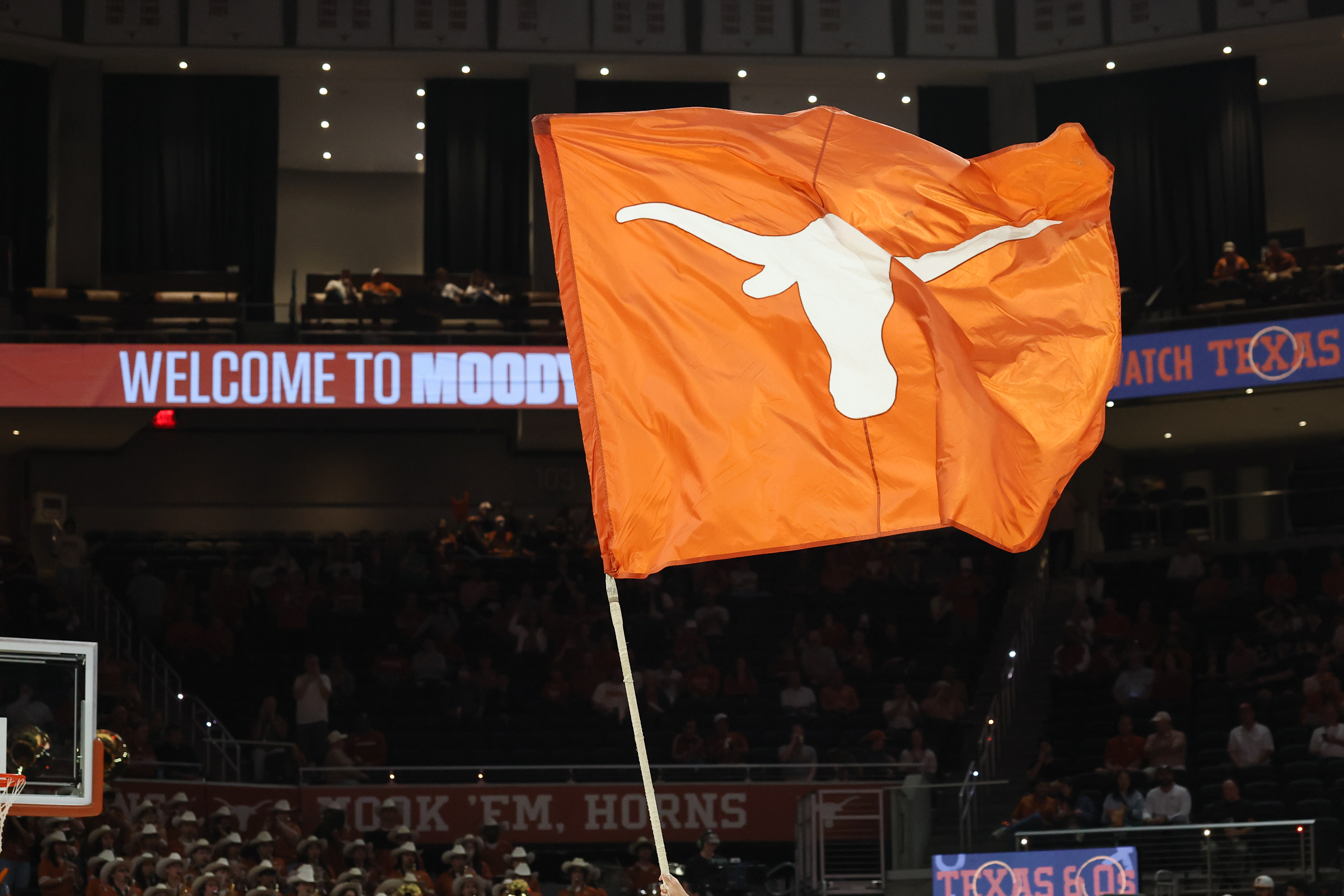AUSTIN, TX - FEBRUARY 17: A large flag with the Texas Longhorn logo is run across the court before the SEC college basketball game between Texas Longhorns and LSU Tigers on February 17, 2026, at Moody Center in Austin, TX. (Photo by David Buono/Icon Sportswire via Getty Images)