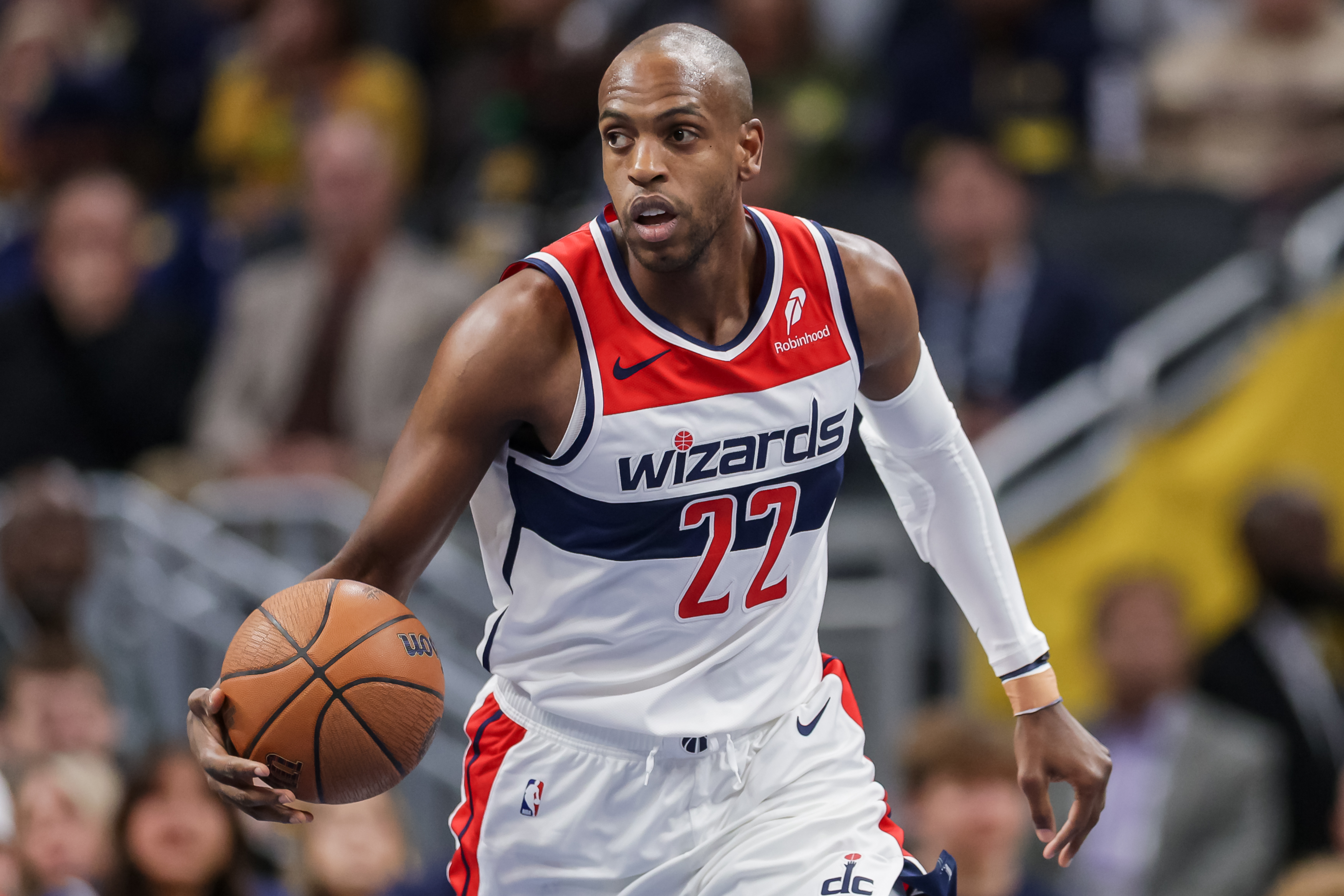 INDIANAPOLIS, INDIANA - NOVEMBER 28: Khris Middleton #22 of the Washington Wizards brings the ball up court during the first half of the NBA basketball game between the Washington Wizards and the Indiana Pacers at Gainbridge Fieldhouse on November 28, 2025 in Indianapolis, Indiana. NOTE TO USER: User expressly acknowledges and agrees that, by downloading and or using this photograph, User is consenting to the terms and conditions of the Getty Images License Agreement. (Photo by Michael Hickey/Getty Images)