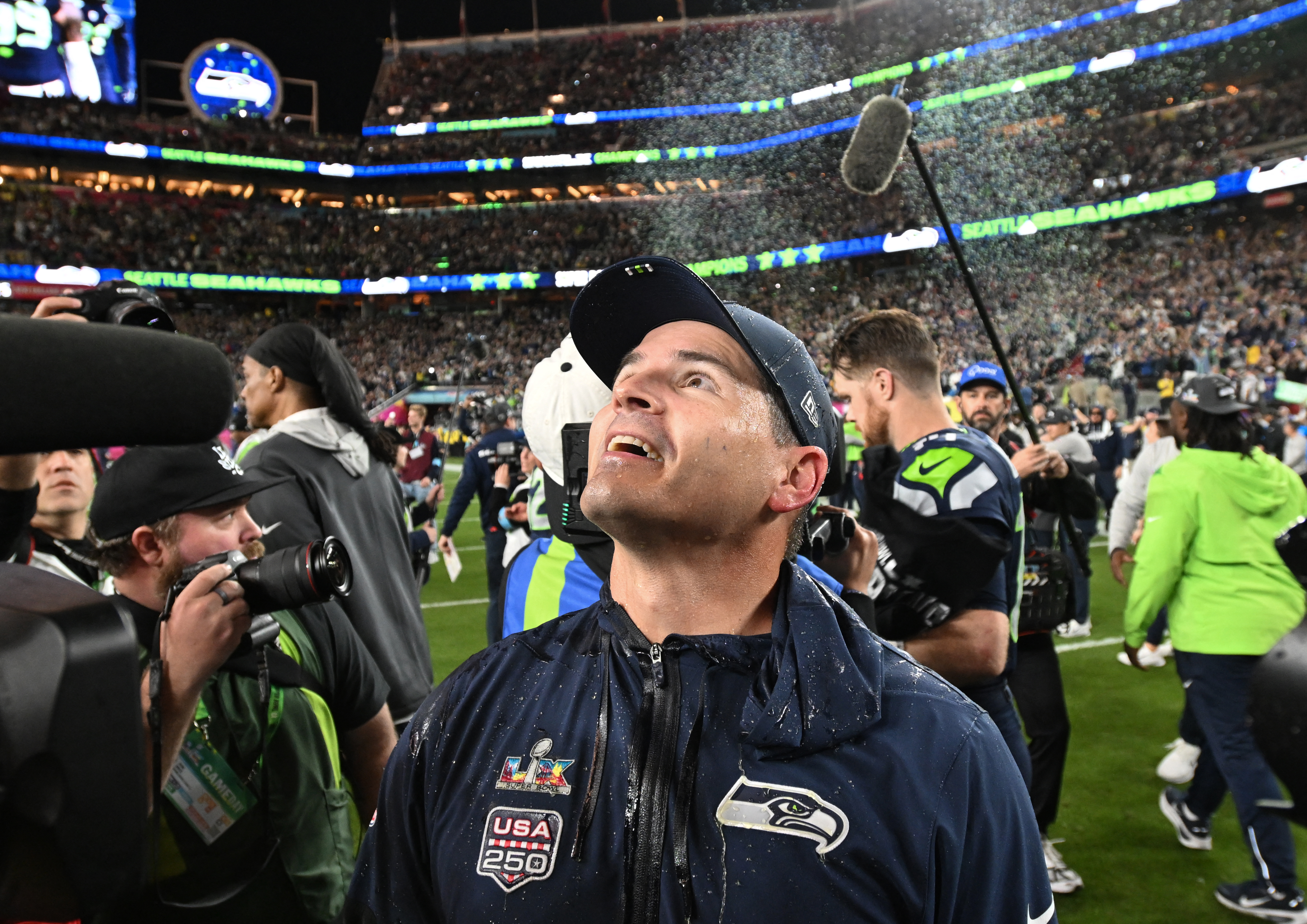 Seattle Seahawks' head coach Mike Macdonald is drenched in gatorade after the Seattle Seahawks defeated the New England Patriots during Super Bowl LX at Levi's Stadium in Santa Clara, California on February 8, 2026. (Photo by JOSH EDELSON / AFP via Getty Images)