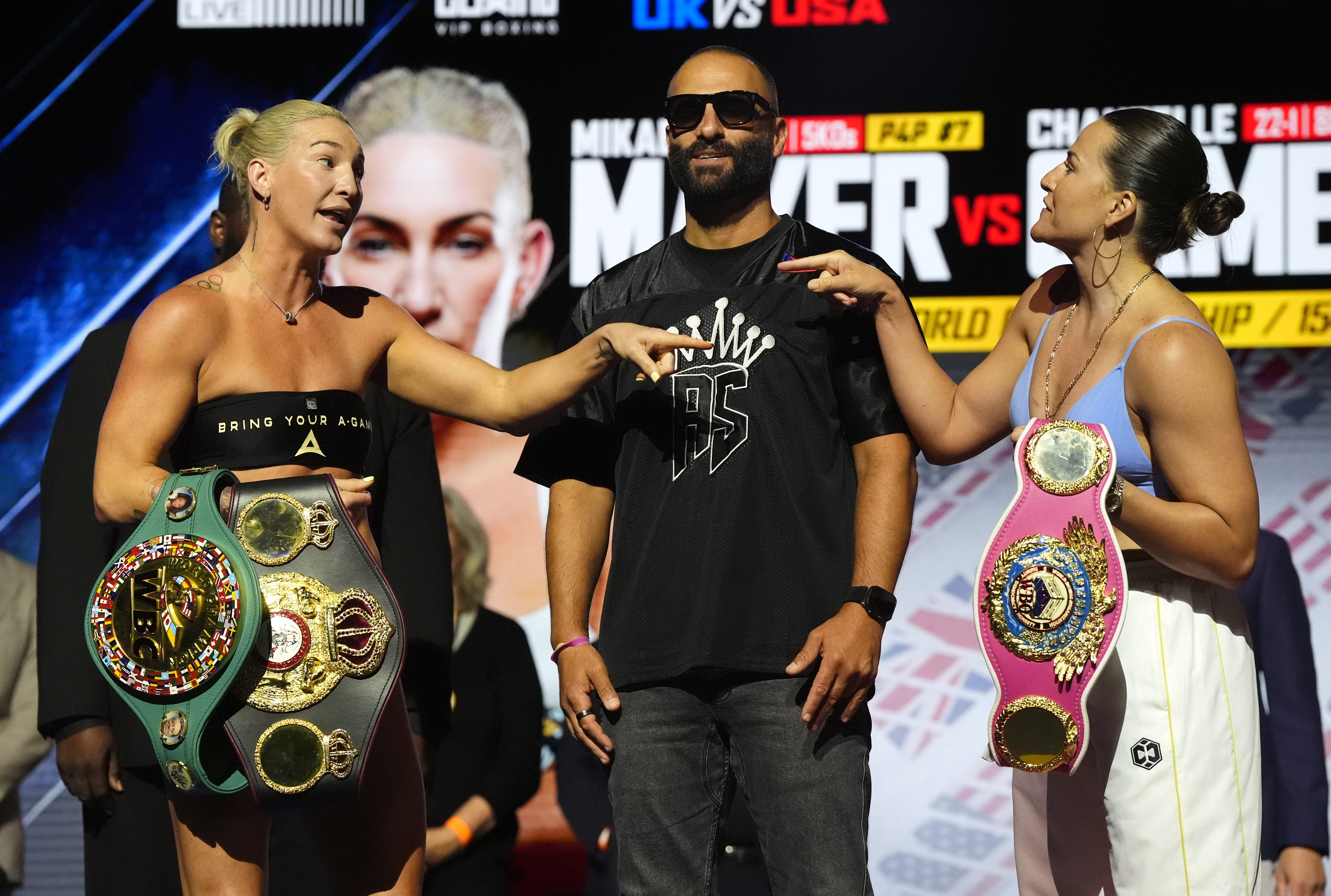 Mikaela Mayer (left) and Chantelle Cameron during the weigh-in at bp pulse LIVE, Birmingham. Picture date: Friday August 28, 2026. (Photo by Nick Potts/PA Images via Getty Images)