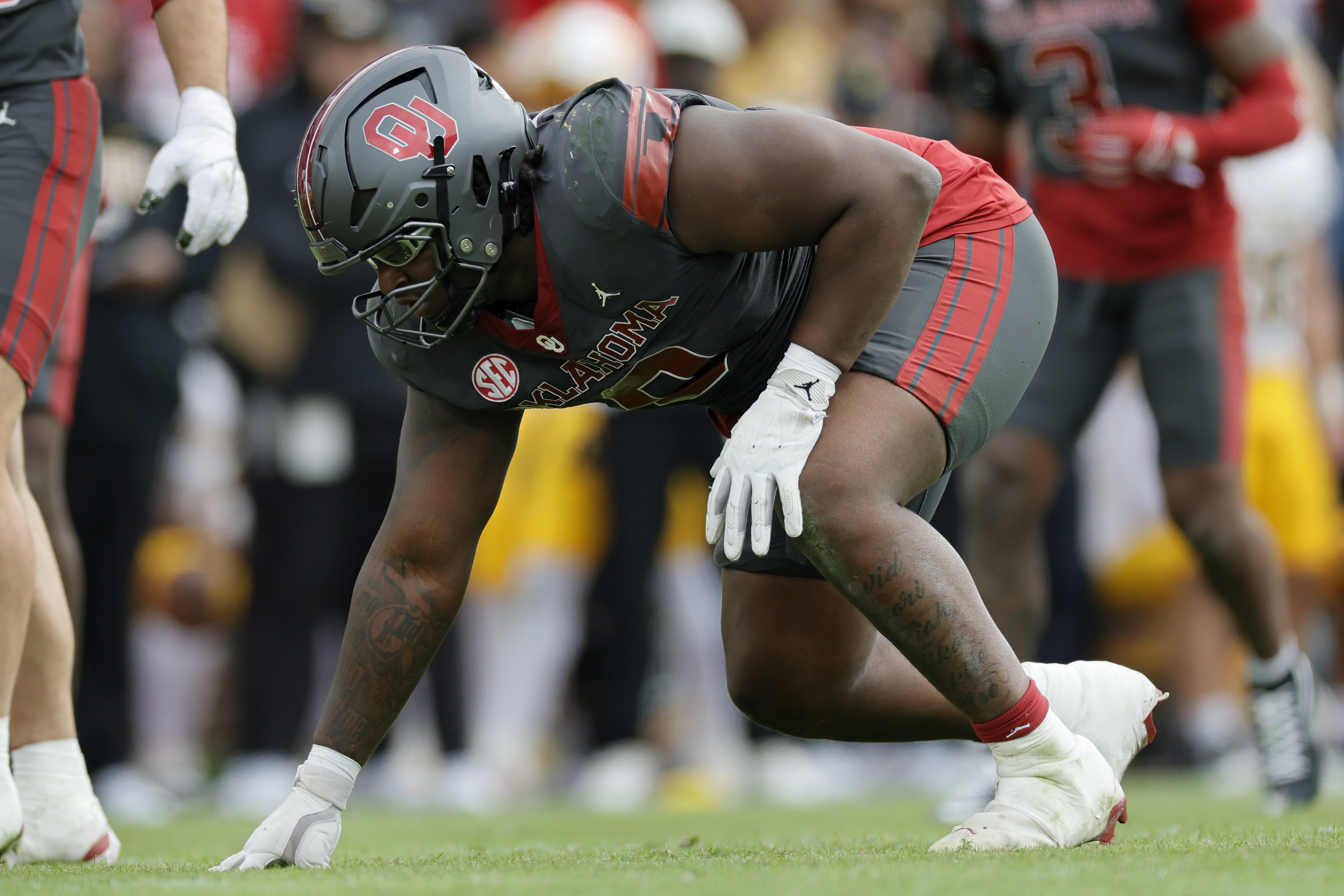 NORMAN, OKLAHOMA - NOVEMBER 22:  Defensive tackle David Stone #0 of the Oklahoma Sooners prepares to rush against the Missouri Tigers in the fourth quarter at Gaylord Family Oklahoma Memorial Stadium on November 22, 2025 in Norman, Oklahoma.  Oklahoma won 17-6.  (Photo by Brian Bahr/Getty Images)