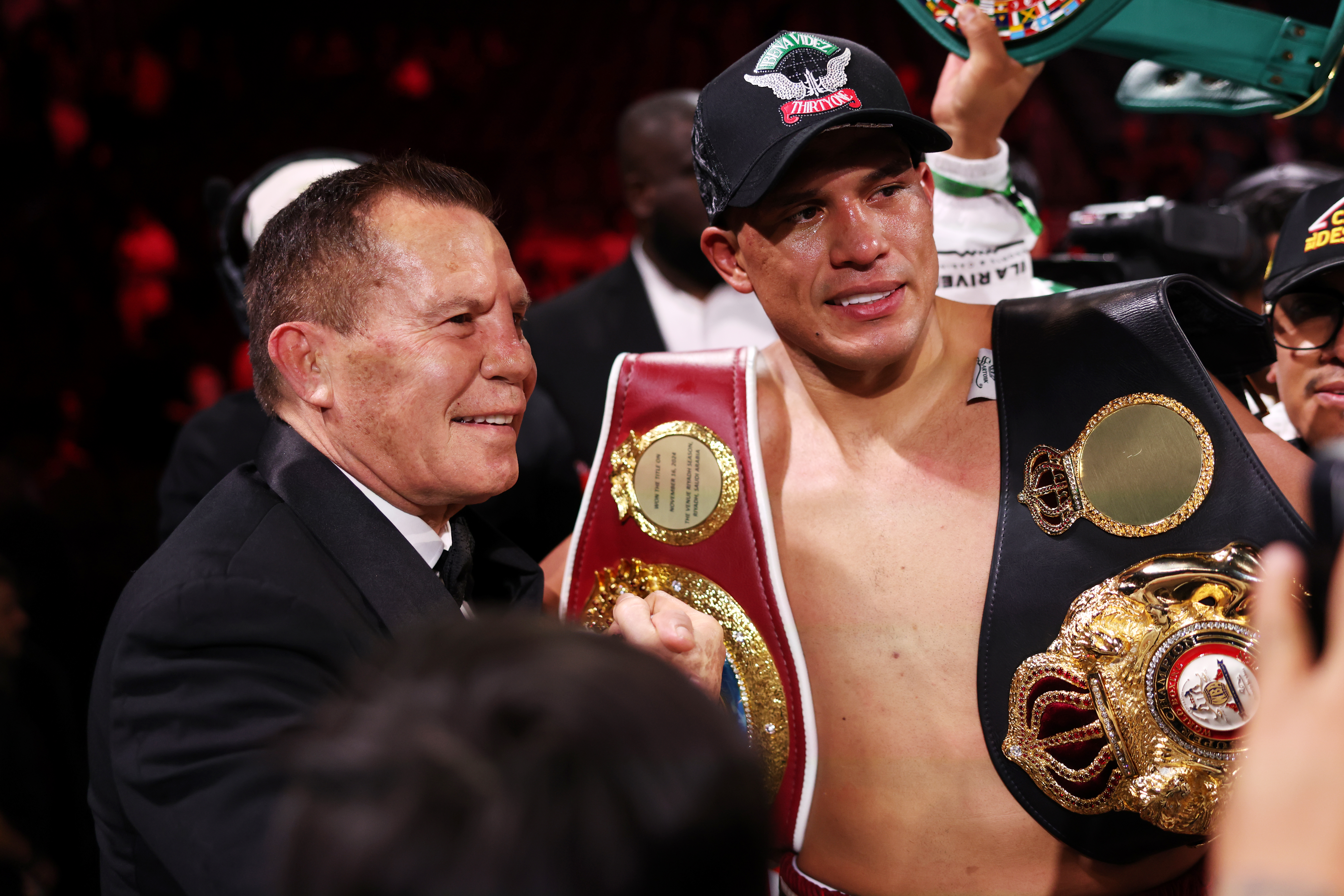 LAS VEGAS, NEVADA - MAY 02: Julio Cesar Chavez (L) and David Benavidez embrace after the fight against Gilberto 'Zurdo' Ramirez at T-Mobile Arena on May 02, 2026 in Las Vegas, Nevada. (Photo by Cris Esqueda/Golden Boy/Getty Images)