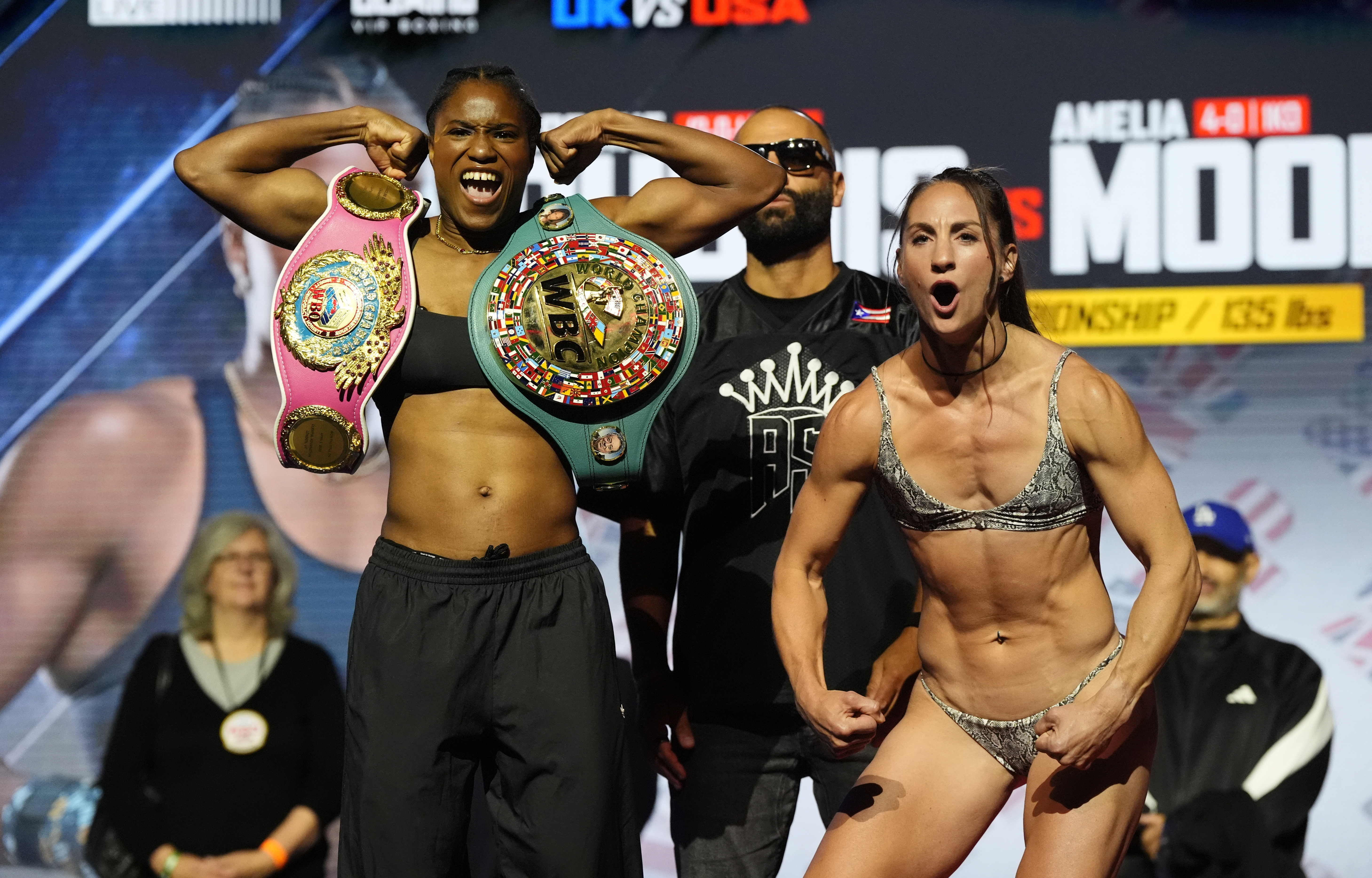 Caroline Dubois (left) and Amelia Moore during the weigh-in at bp pulse LIVE, Birmingham. Picture date: Friday August 28, 2026. (Photo by Nick Potts/PA Images via Getty Images)