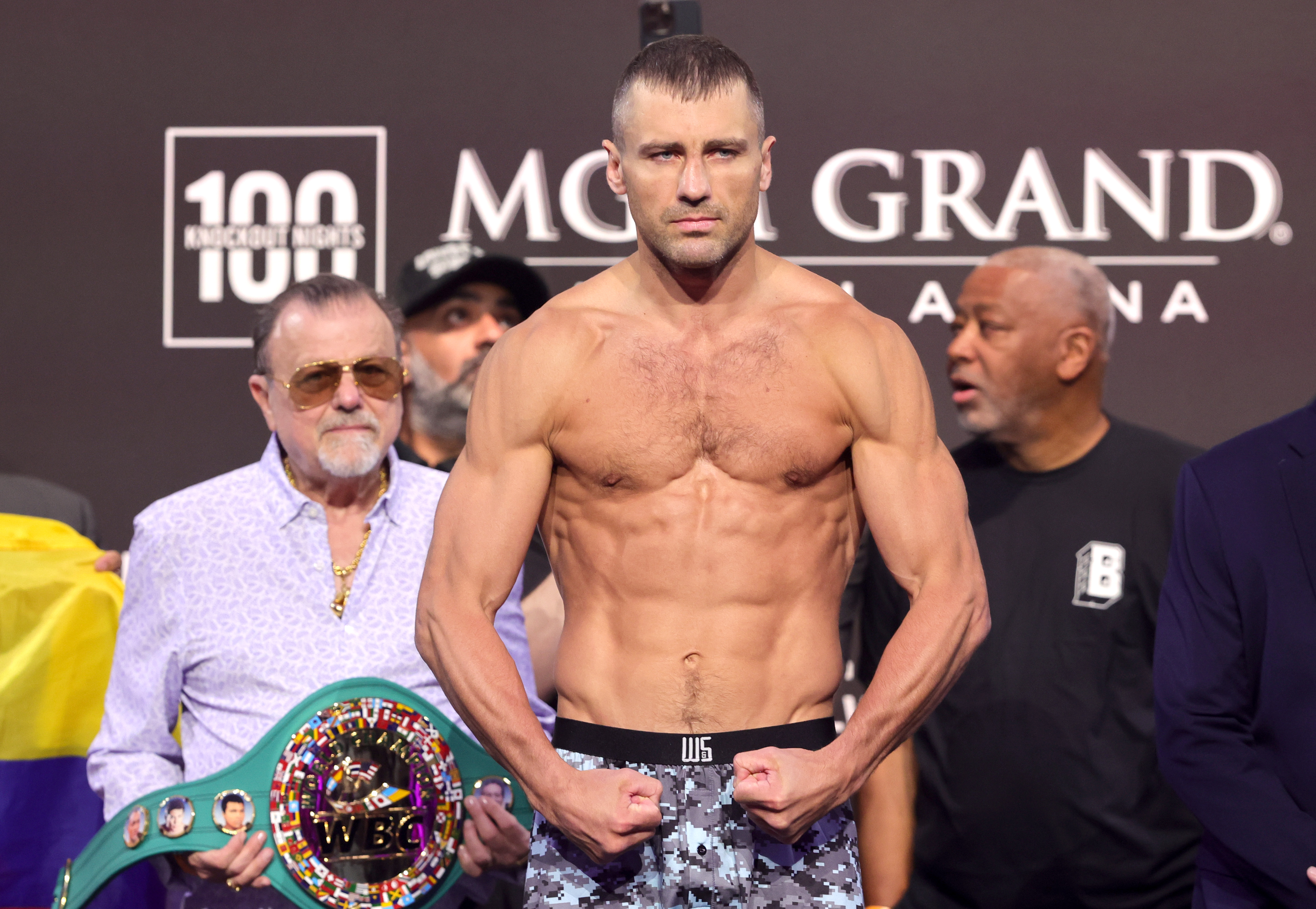 LAS VEGAS, NEVADA - JUNE 14: Light heavyweight boxer Oleksandr Gvozdyk poses on the scale during an official weigh-in at MGM Grand Garden Arena on June 14, 2024 in Las Vegas, Nevada. Gvozdyk is scheduled to fight David Benavidez for an interim WBC light heavyweight title at the arena on June 15, 2024. (Photo by Steve Marcus/Getty Images)