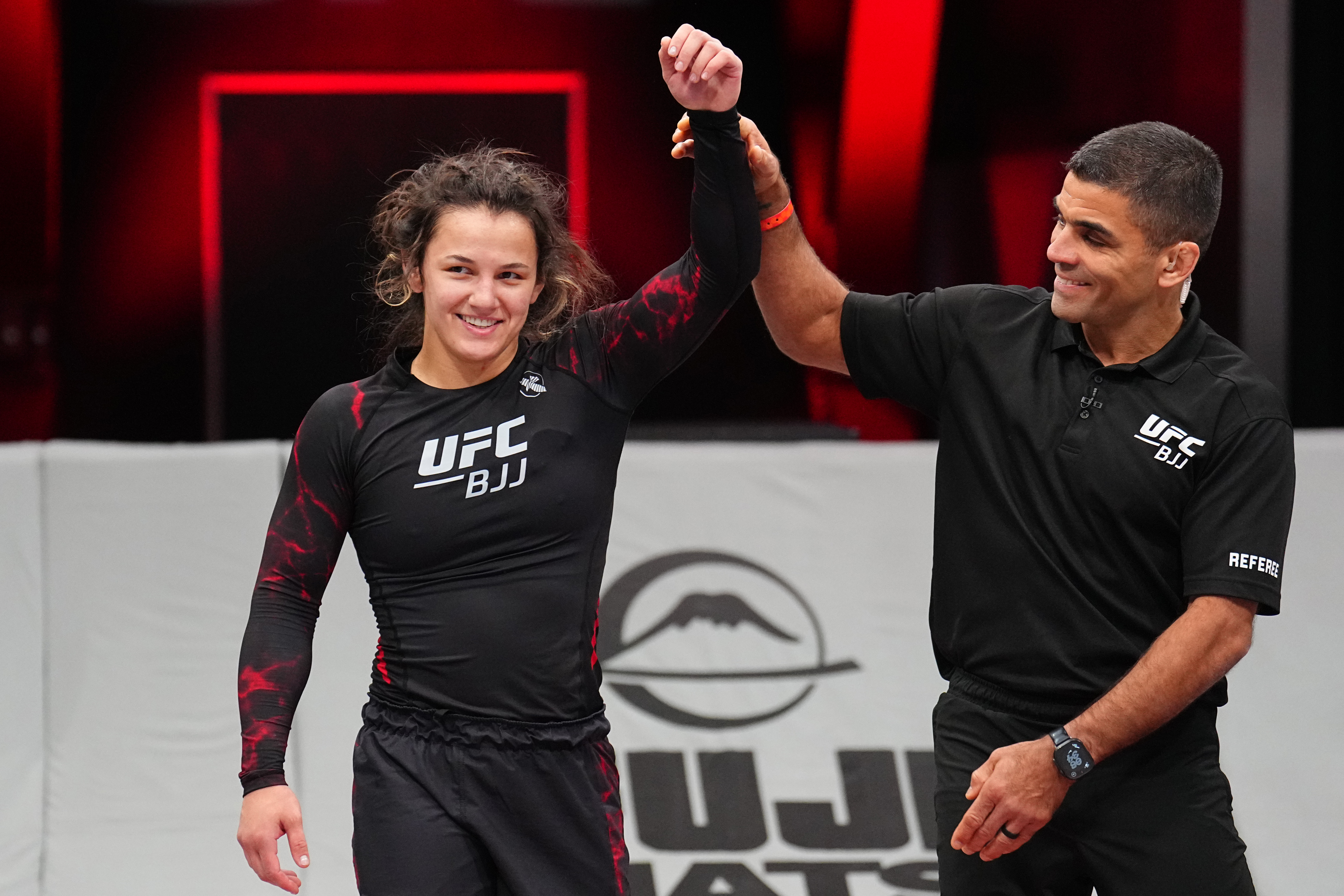LAS VEGAS, NEVADA - JUNE 04: Bella Mir reacts after a submission victory against Nichelle Johnson in a featherweight match during the UFC BJJ 9 event at Meta APEX on June 04, 2026 in Las Vegas, Nevada.  (Photo by Chris Unger/Zuffa LLC)
