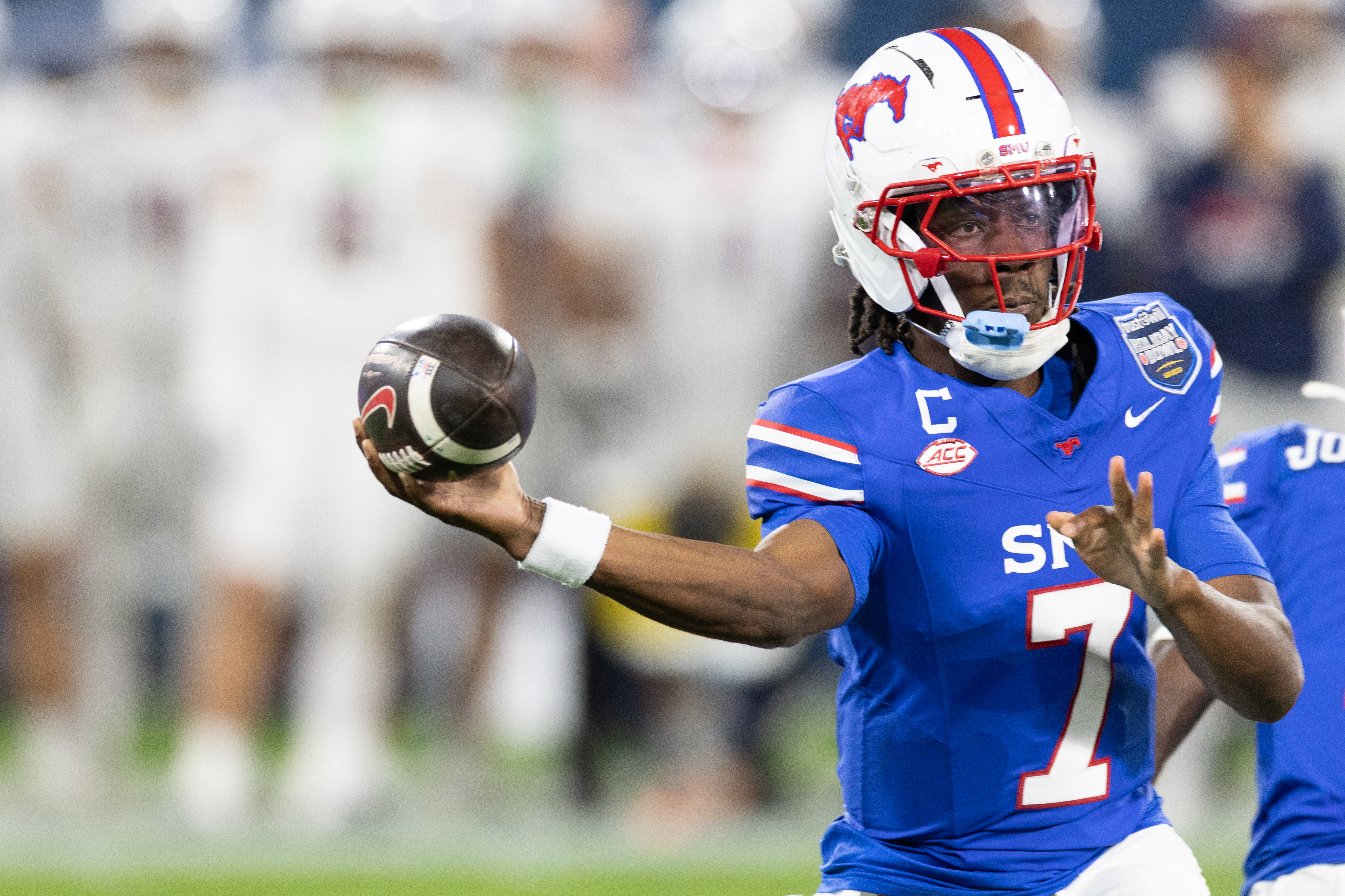SAN DIEGO, CA - JANUARY 02: Southern Methodist University Mustangs quarterback Kevin Jennings (7) during the 46th Annual Trust & Will Holiday Bowl on January 2, 2026, at Snapdragon Stadium in San Diego, CA. (Photo by Karl Anderson/Icon Sportswire via Getty Images)