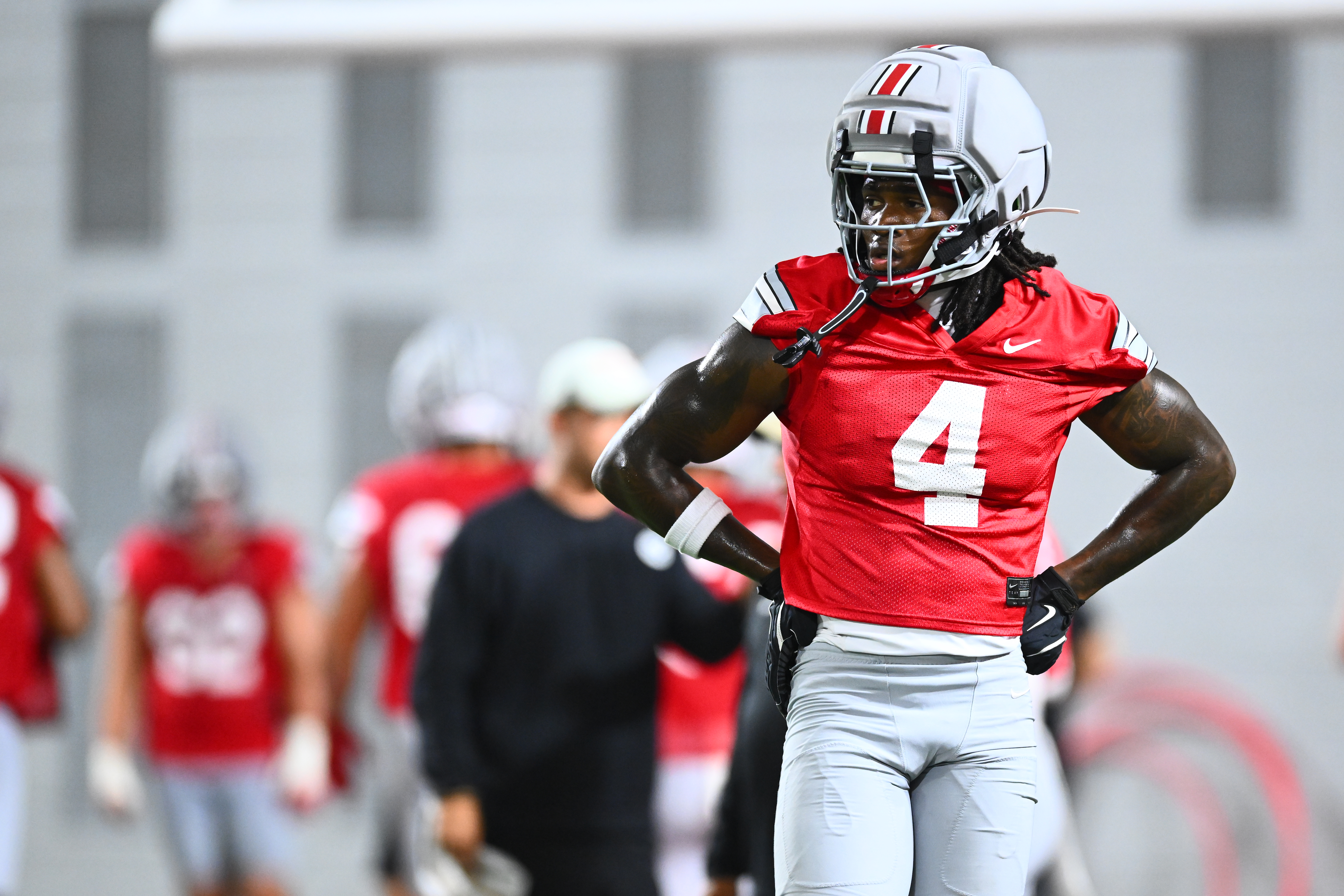 COLUMBUS, OHIO - AUGUST 7: Jeremiah Smith #4 of the Ohio State Buckeyes runs drills during fall football camp at Woody Hayes Athletic Center on August 7, 2026 in Columbus, Ohio. (Photo by Ben Jackson/Getty Images)