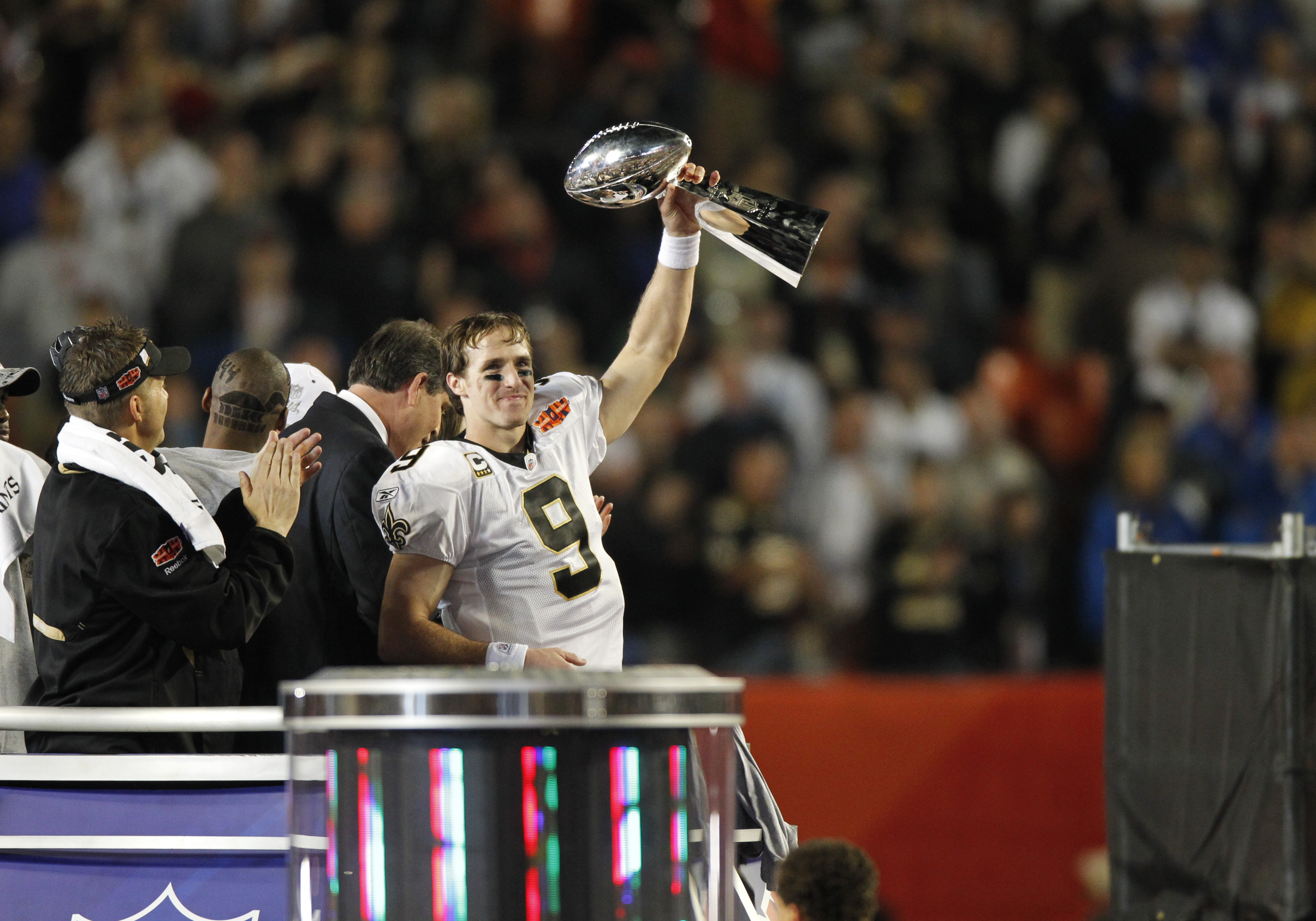 07 February 2010: New Orleans Saints quarterback Drew Brees holds up the Lombardi Trophy after the New Orleans Saints 31-17 victory over the Indianapolis Colts in Super Bowl XLIV at Sun Life Stadium in Miami, Florida. (Photo by Aaron M. Sprecher/Icon SMI/Icon Sport Media via Getty Images)