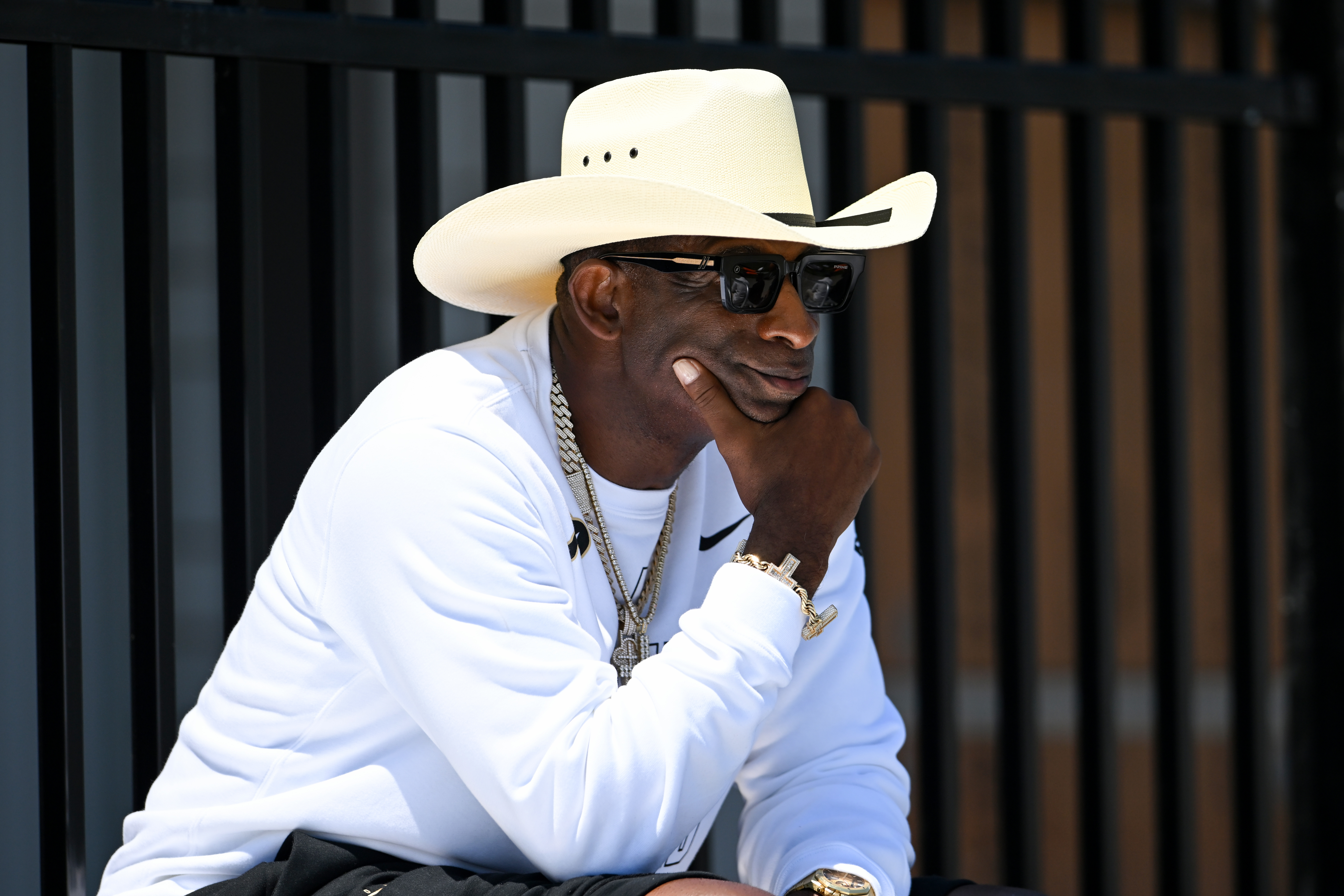 BEREA, OHIO - JULY 30: Head coach Deion Sanders of the Colorado Buffaloes watches practice during the Cleveland Browns Training Camp at CrossCountry Mortgage Campus on July 30, 2026 in Berea, Ohio. (Photo by Nick Cammett/Getty Images)