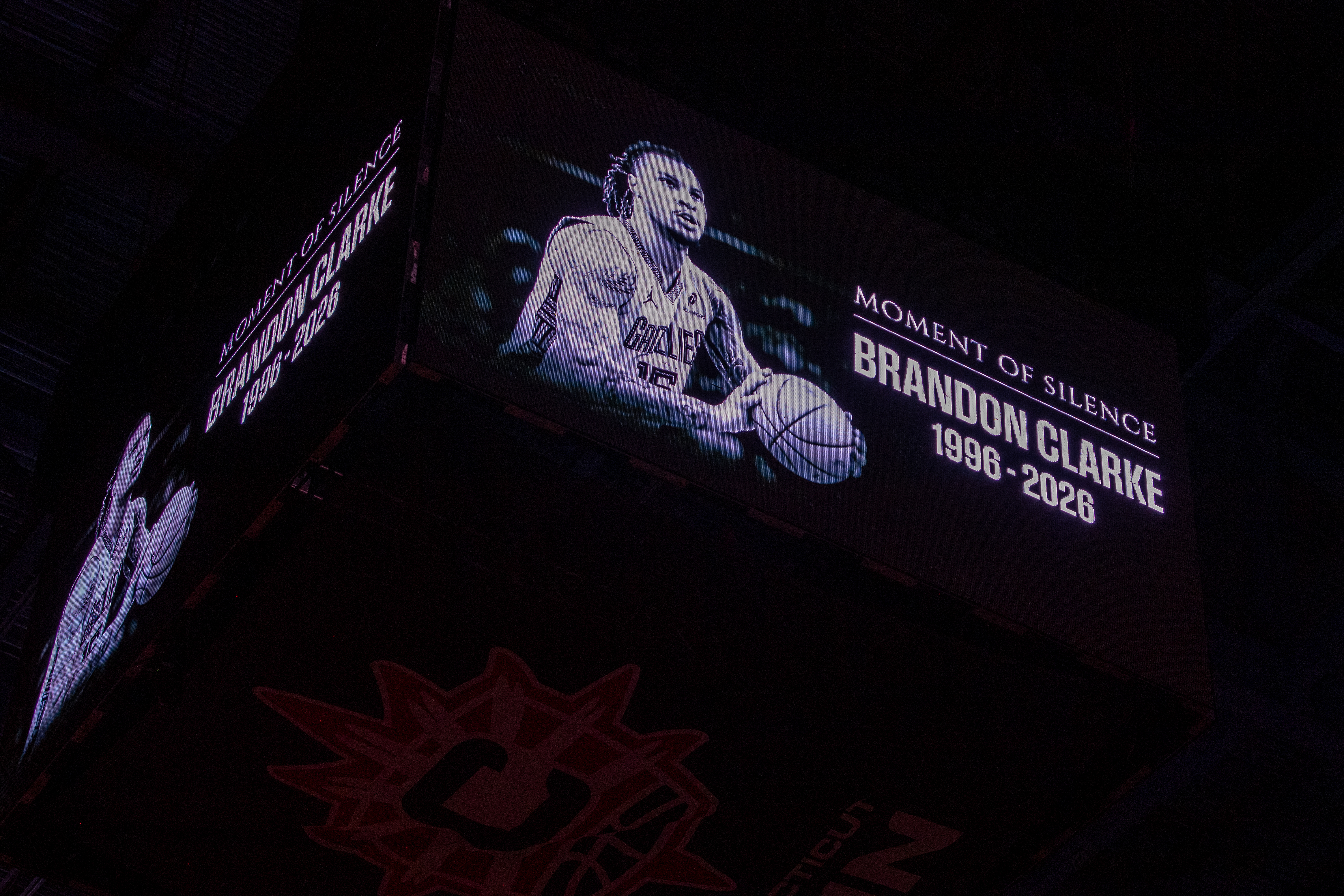 A view of the jumbotron during a moment of silence for Brandon Clarke before the WNBA game between the Las Vegas Aces and the Connecticut Sun at Mohegan Sun Arena in Uncasville, Connecticut, on May 15, 2026. Brandon Clarke was a forward for the Memphis Grizzlies of the NBA, who passed away unexpectedly on May 11, 2026. (Photo by Erica Denhoff/NurPhoto via Getty Images)