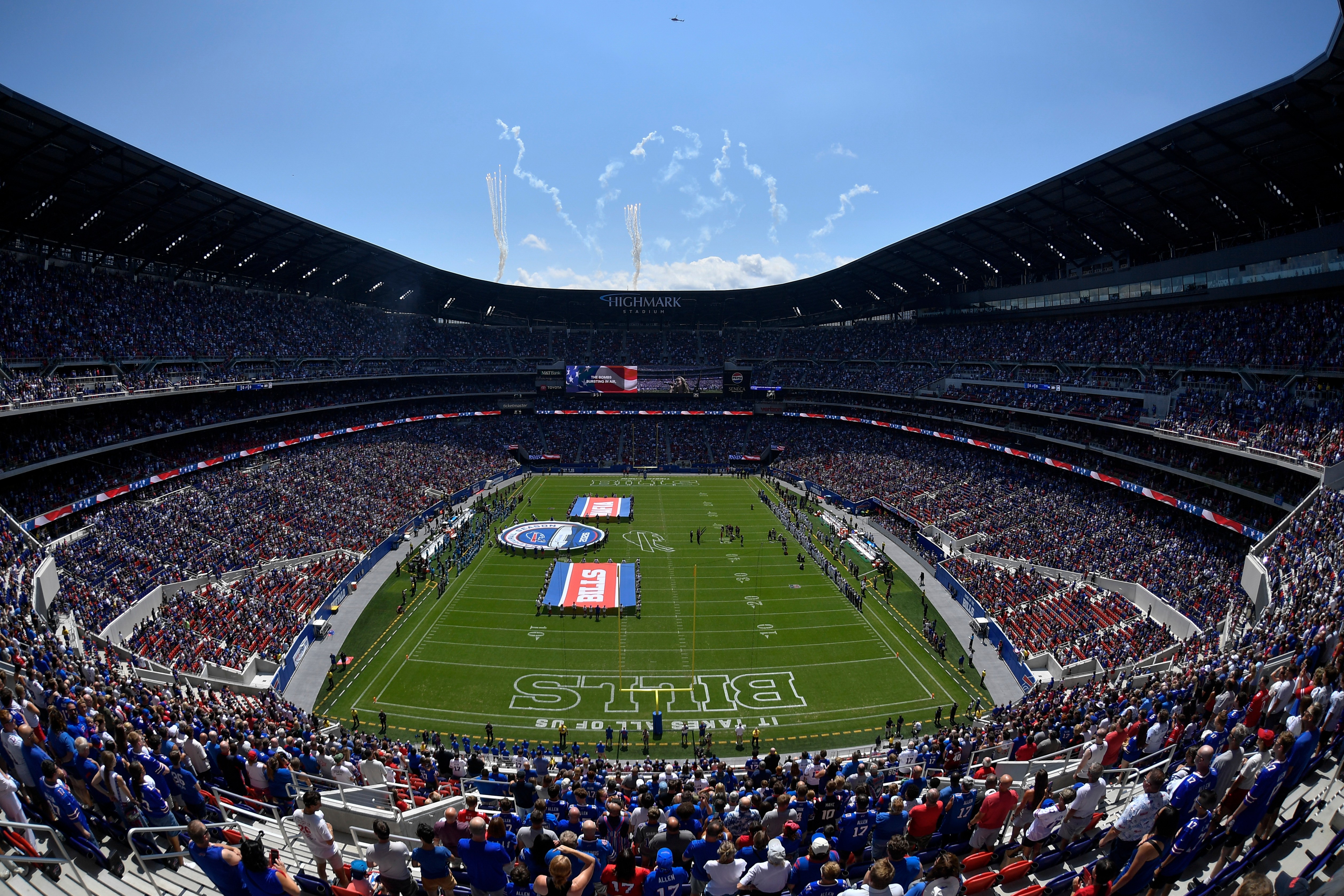 General view of Highmark Stadium during the national anthem before a preseason NFL football game between the Buffalo Bills and the Carolina Panthers, Saturday, Aug. 15, 2026, in Orchard Park, N.Y. (AP Photo/Adrian Kraus)