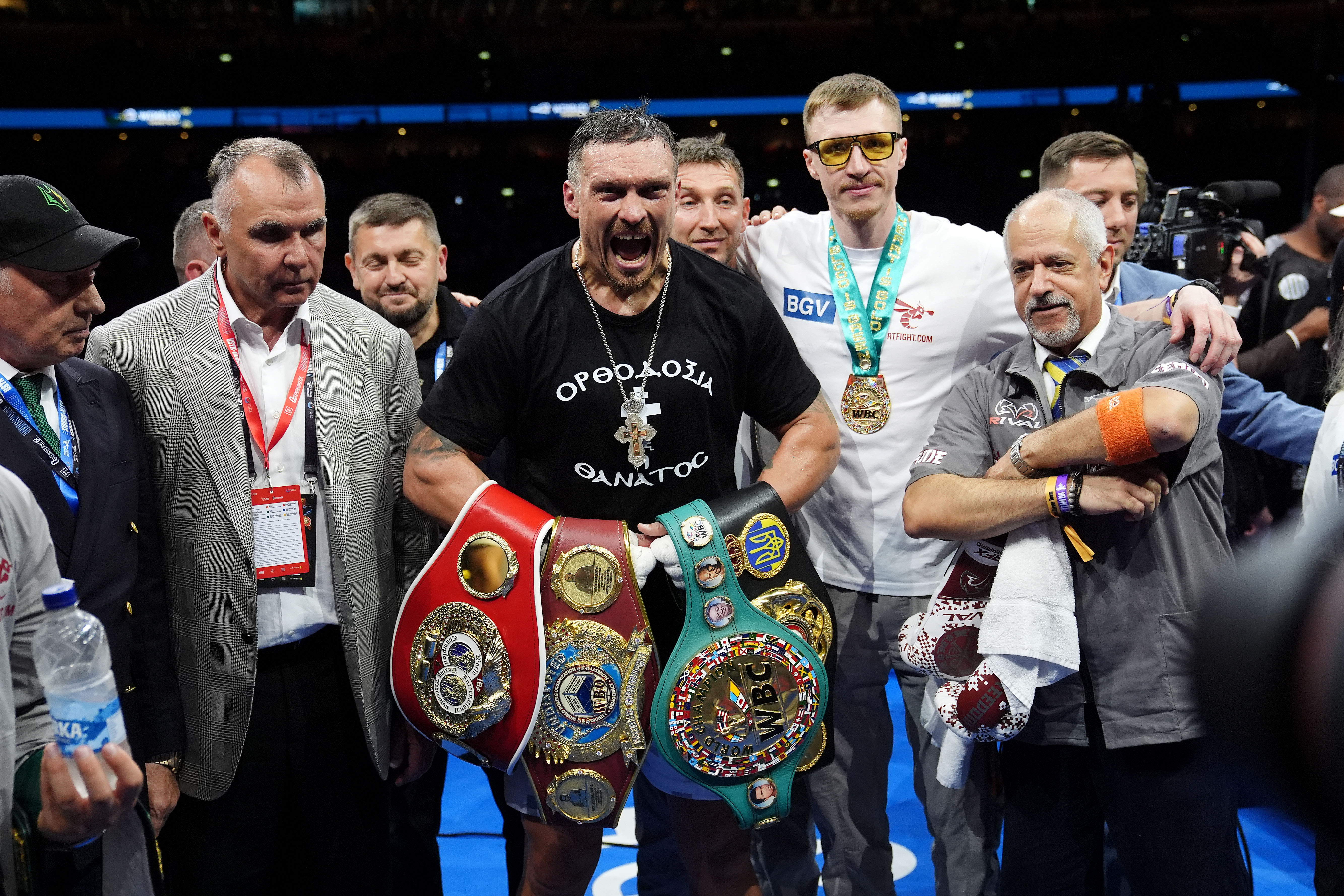 Oleksandr Usyk celebrates winning their IBF, IBO, WBC and WBO World heavyweight bout against Daniel Dubois at Wembley Stadium, London. Picture date: Saturday July 19, 2025. (Photo by Bradley Collyer/PA Images via Getty Images)