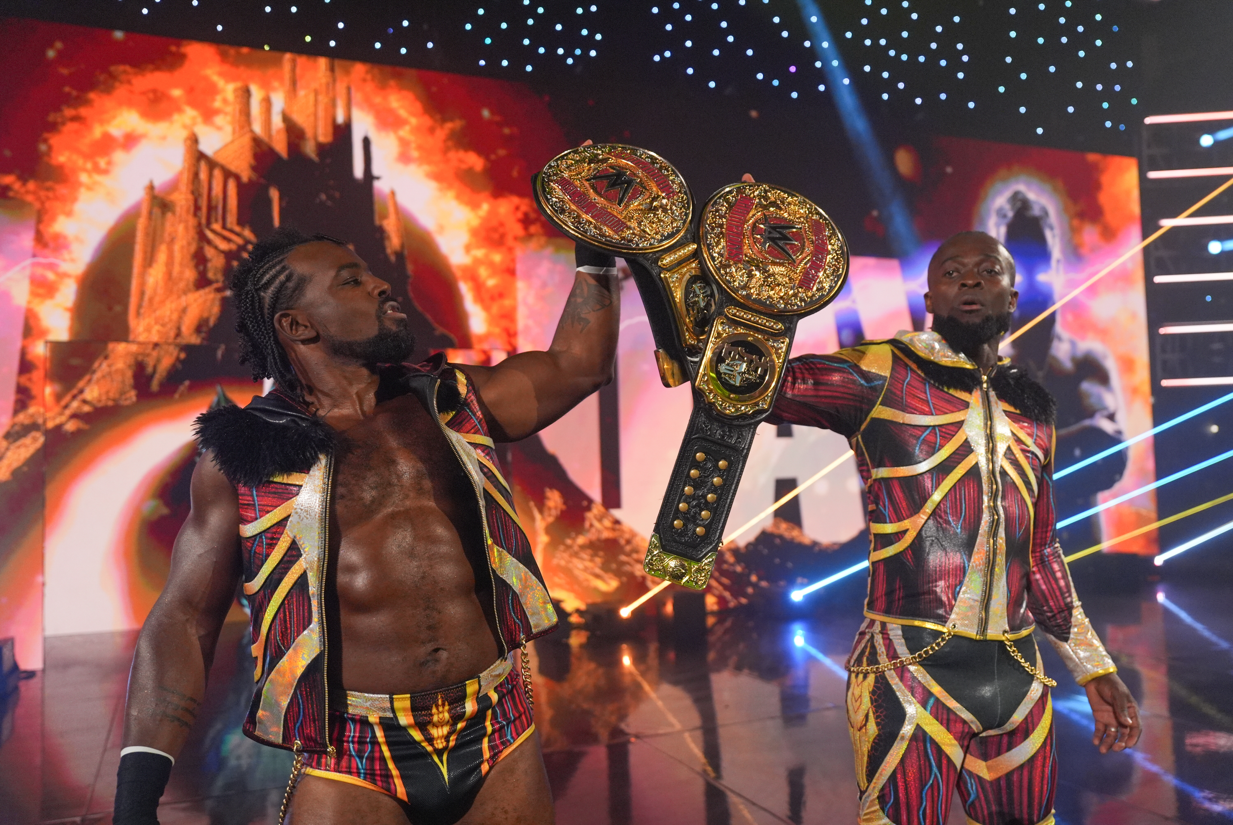 PITTSBURGH, PENNSYLVANIA - JUNE 30: World Tag Team Champions Xavier Woods and Kofi Kingston (New Day) make their entrance during Monday Night RAW at PPG PAINTS Arena on June 30, 2025 in Pittsburgh, Pennsylvania.  (Photo by Craig Melvin/WWE via Getty Images)