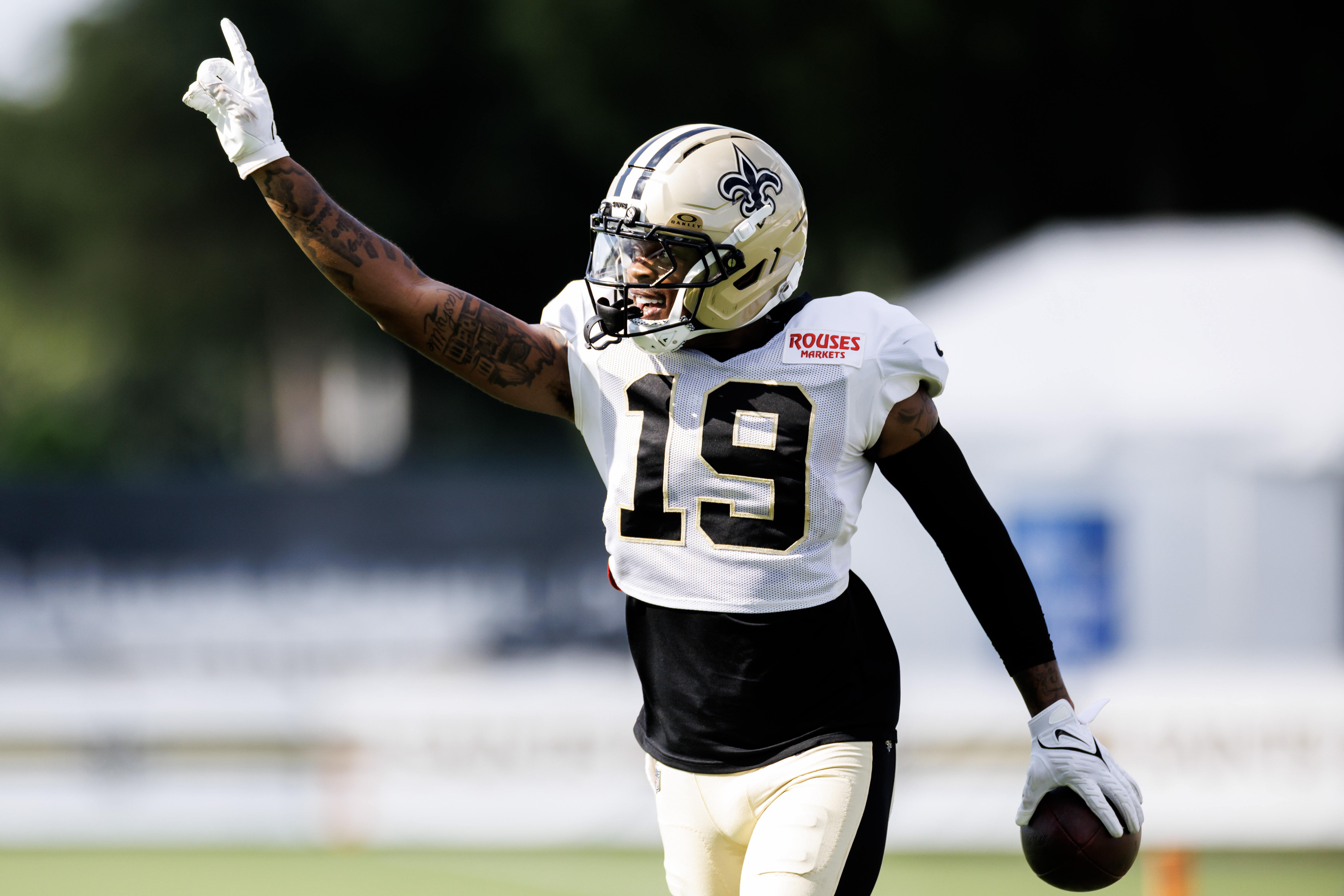 METAIRIE, LOUISIANA - AUGUST 03: Barion Brown #19 of the New Orleans Saints reacts during training camp at Ochsner Sports Performance Center on August 03, 2026 in Metairie, Louisiana. (Photo by Morgan Simmons/Getty Images)