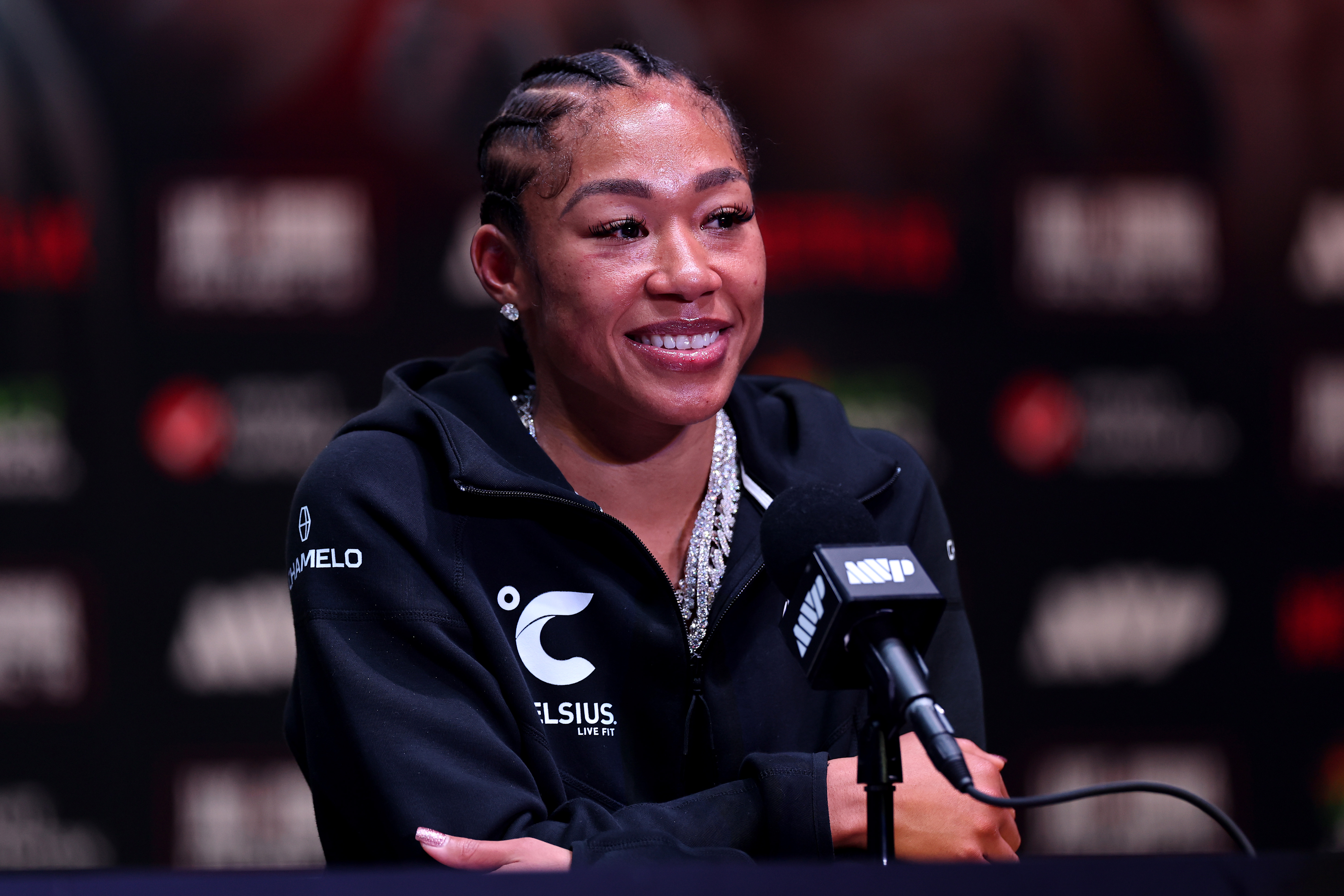 MIAMI, FLORIDA - DECEMBER 19: Alycia Baumgardner speaks after Jake Paul v Anthony Joshua at Kaseya Center on December 19, 2025 in Miami, Florida. (Photo by Carmen Mandato/Getty Images for Netflix)