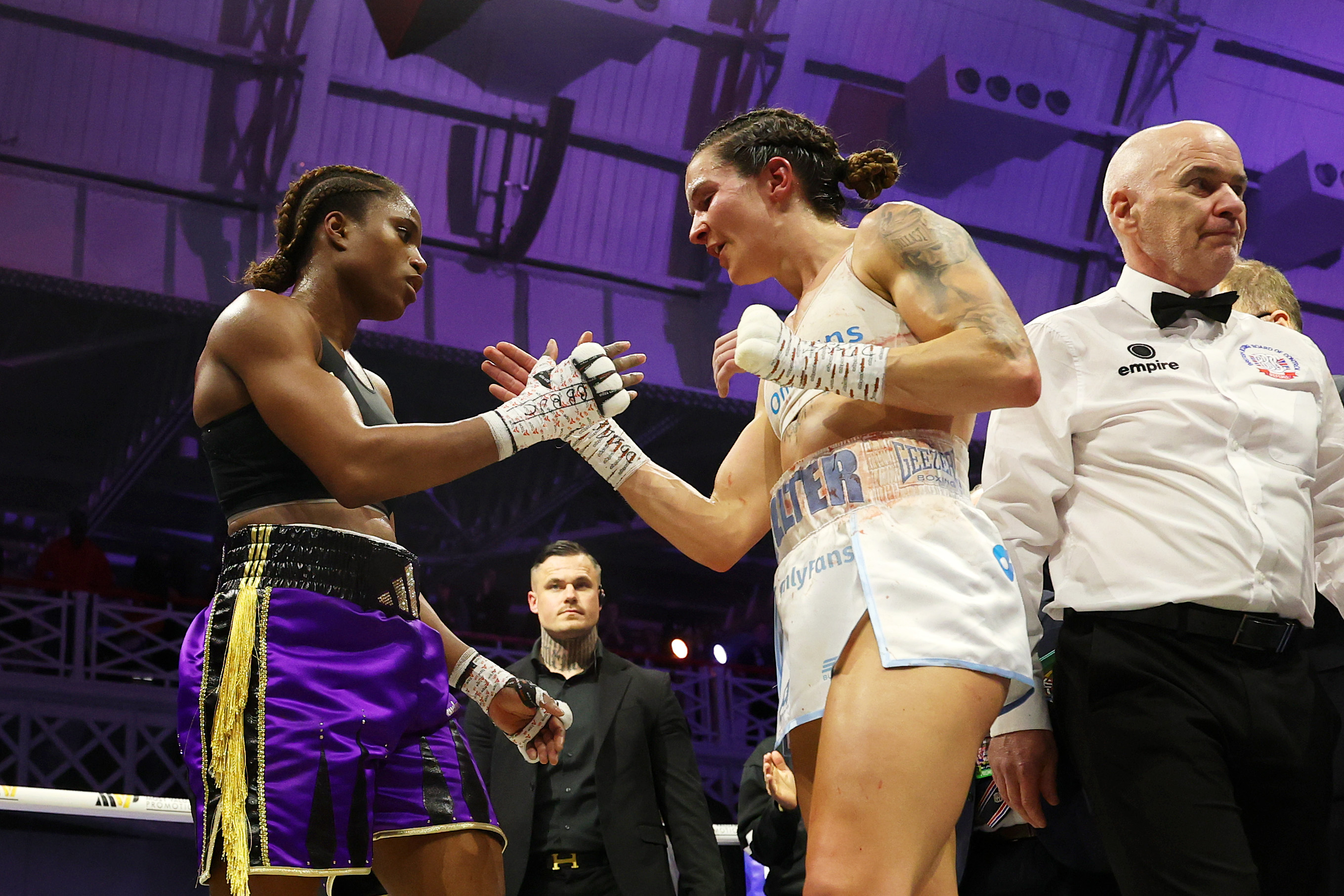 LONDON, ENGLAND - APRIL 05: Caroline Dubois shakes hands with Terri Harper after the WBC and WBO World Lightweight title fight during the MVPW-01 fight night at Kensington Olympia on April 05, 2026 in London, England. (Photo by Richard Pelham/Getty Images)