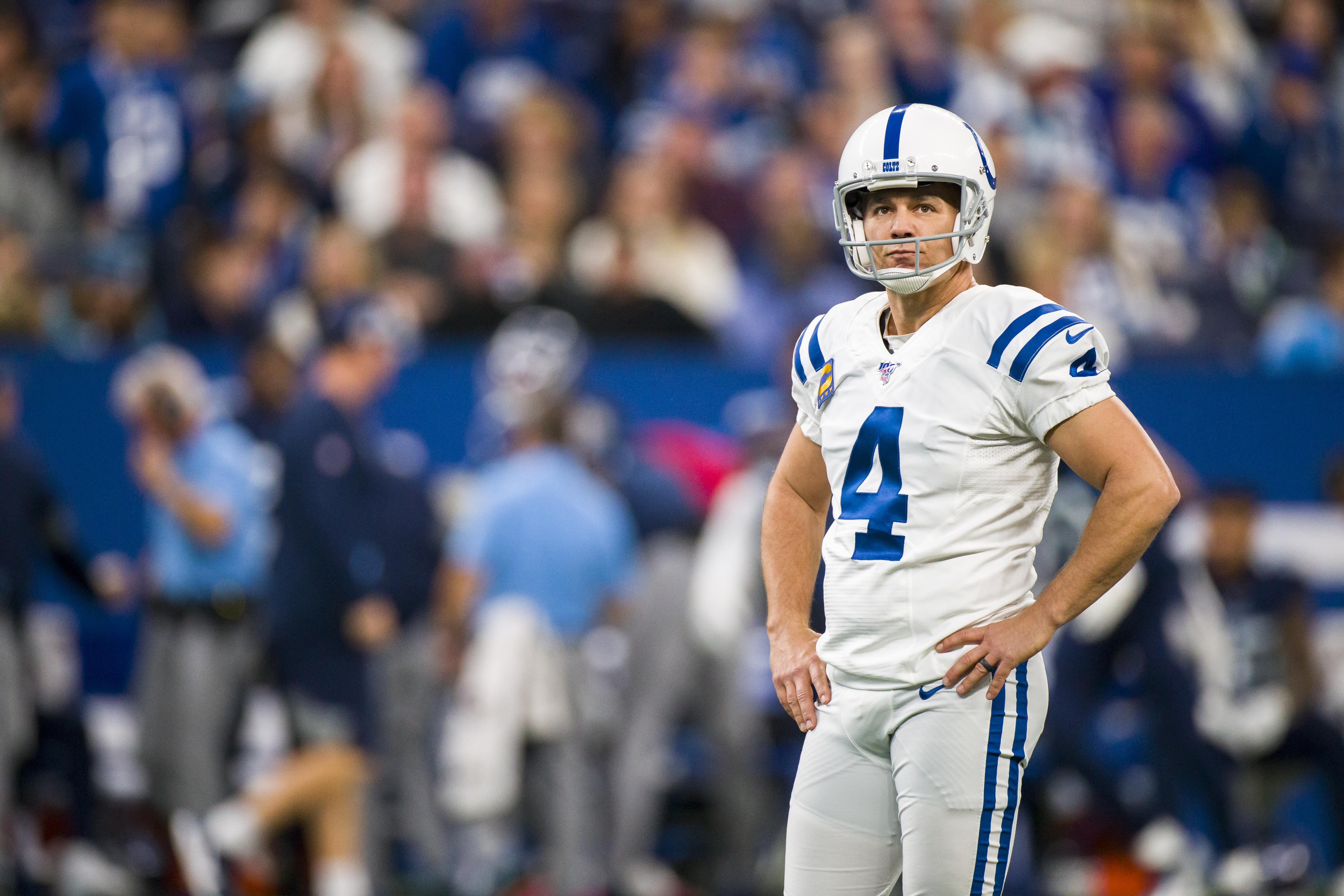 INDIANAPOLIS, IN - DECEMBER 01:  Adam Vinatieri #4 of the Indianapolis Colts reacts to having his field goal attempt blocked during the first quarter against the Tennessee Titans at Lucas Oil Stadium on December 1, 2019 in Indianapolis, Indiana. (Photo by Brett Carlsen/Getty Images)