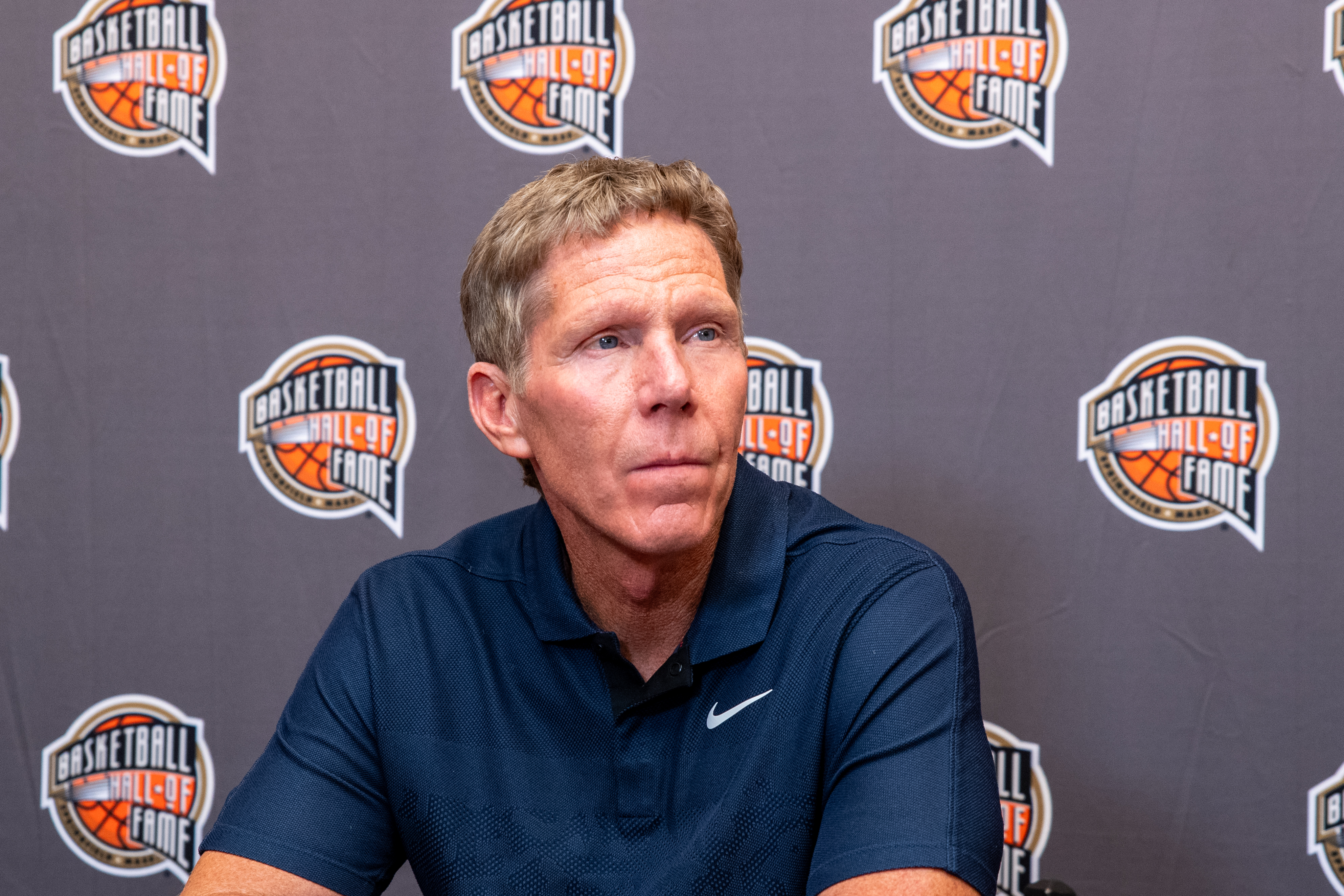 UNCASVILLE, CT - AUGUST 14: Inductee Mark Few listens to a question during the Class of 2026 Media Availability as part of the 2026 Naismith Basketball Hall of Fame Enshrinement Ceremony on August 14, 2026 at the Mohegan Sun Convention Center in Uncasville, CT. (Photo by Erica Denhoff/Icon Sportswire via Getty Images)