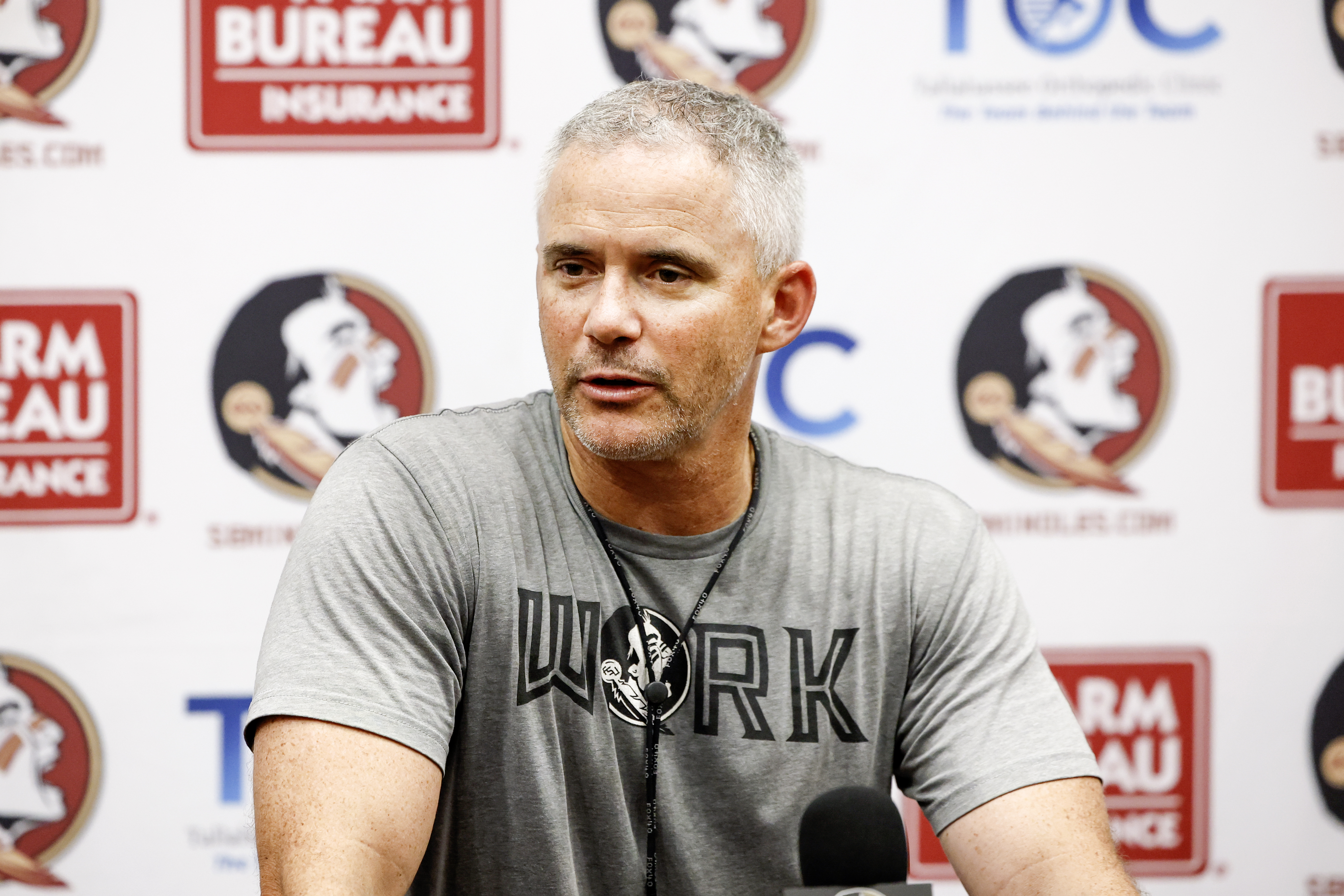 TALLAHASSEE, FL - JULY 31: Head Coach Mike Norvell of the Florida State Seminoles talks with the media after Spring Football Practice at the Albert J. Dunlap Athletic Training Facility on the campus of Florida State University on July 31, 2026 in Tallahassee, Florida. (Photo by Don Juan Moore/Getty Images)