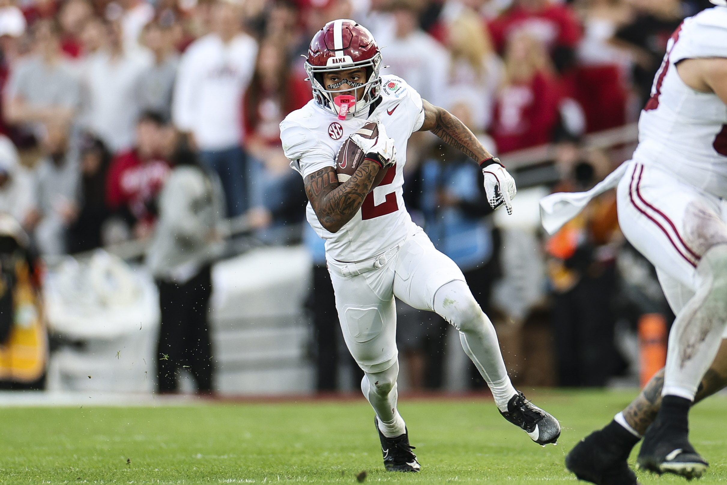 PASADENA, CALIFORNIA - JANUARY 1: Wide receiver Ryan Williams #2 of the Alabama Crimson Tide runs the ball against the Indiana Hoosiers during the second half of College Football Playoff Quarter Final Game at Rose Bowl Stadium on January 1, 2026 in Pasadena, California. (Photo by CFP/Getty Images)