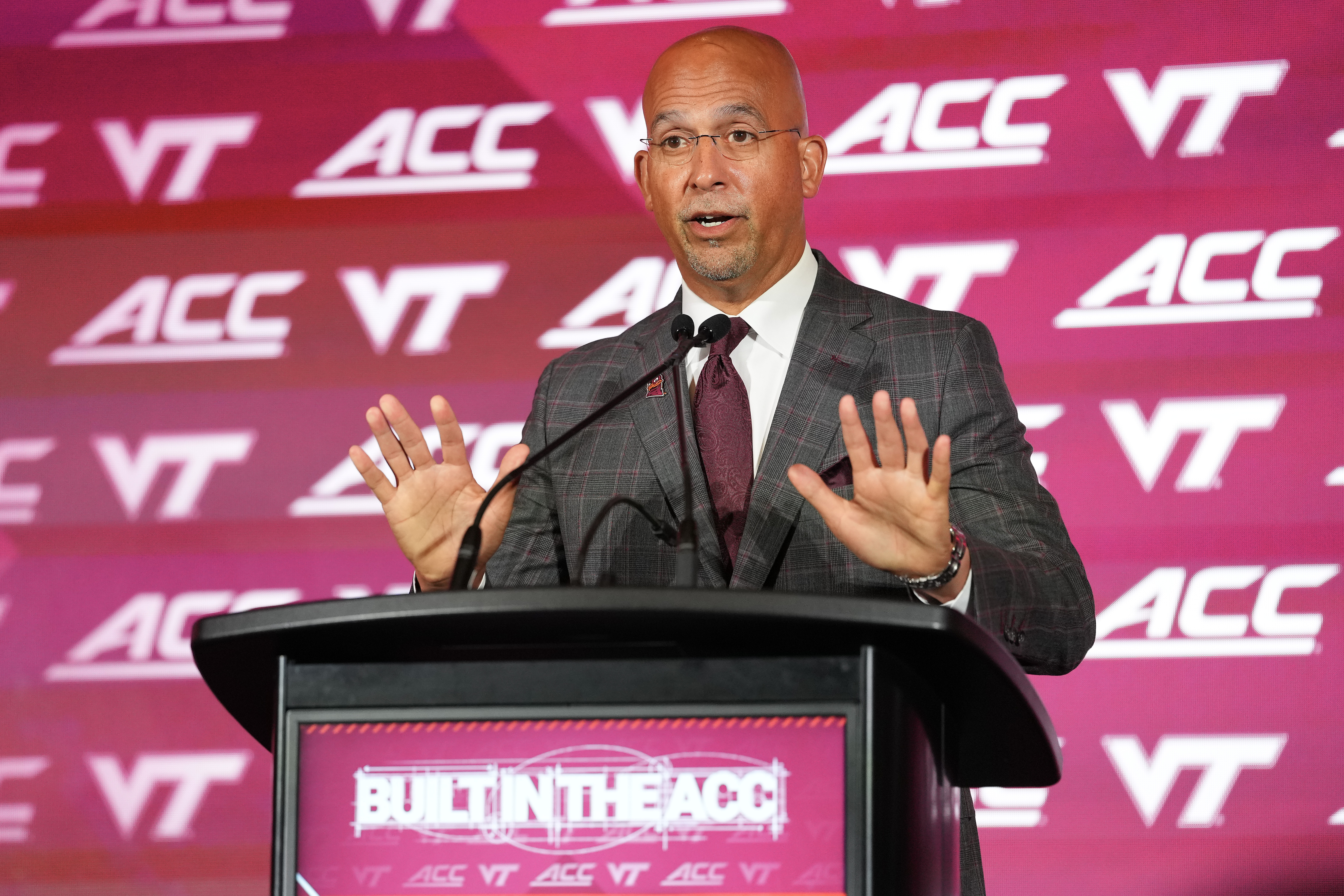 CHARLOTTE, NORTH CAROLINA - JULY 16: Head coach James Franklin of the Virginia Tech Hokies speaks during the ACC Kickoff media days at Hilton Charlotte Uptown on July 16, 2026 in Charlotte, North Carolina. (Photo by Matt Kelley/Getty Images)