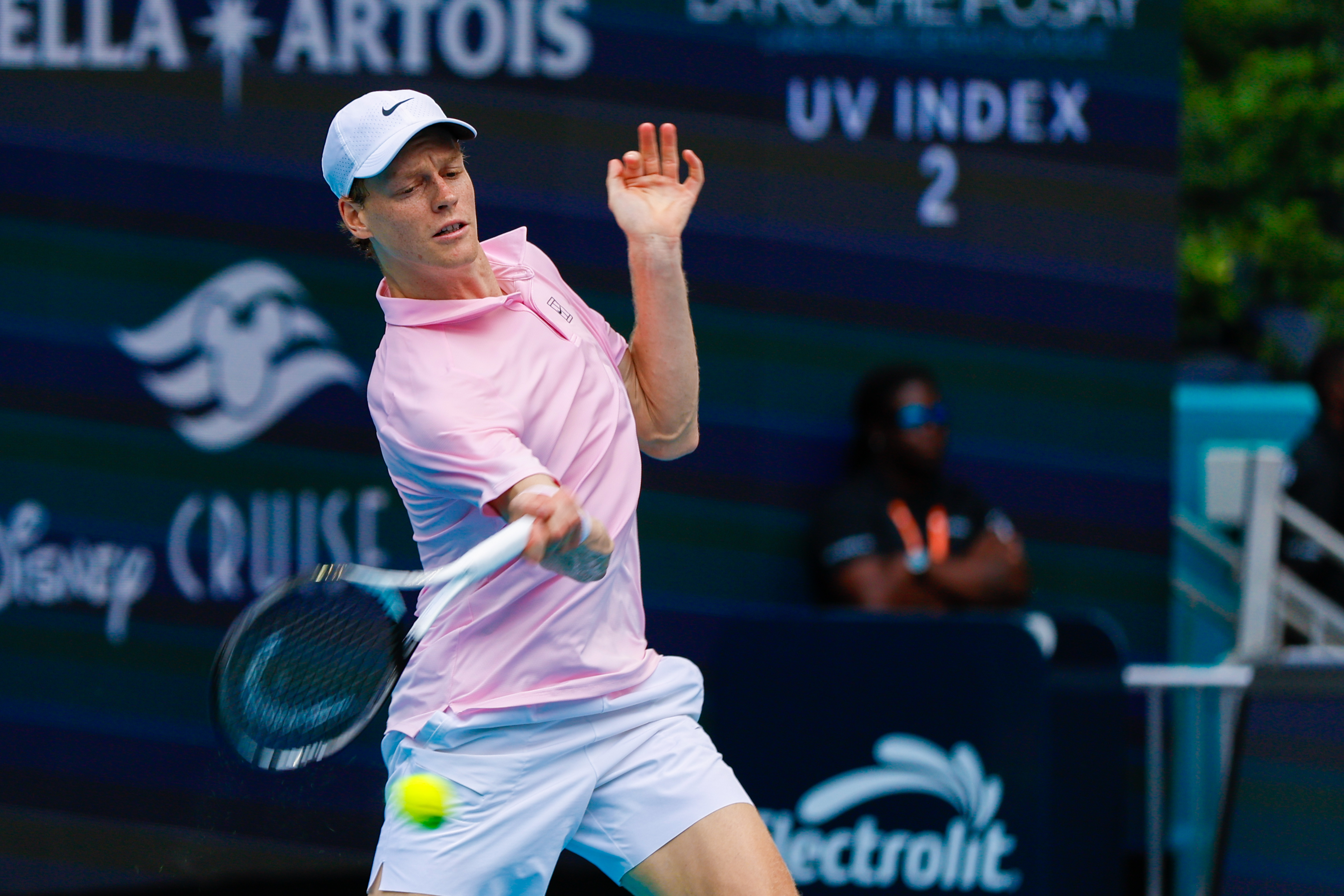 Jannik Sinner (ITA) in action during the men's final singles match against Jiri Lehecka (CZE) (not pictured) at the Miami Open on March 29, 2026, at Hard Rock Stadium in Miami Gardens, Florida,(Photo by Chris Arjoon/Icon Sportswire via Getty Images)