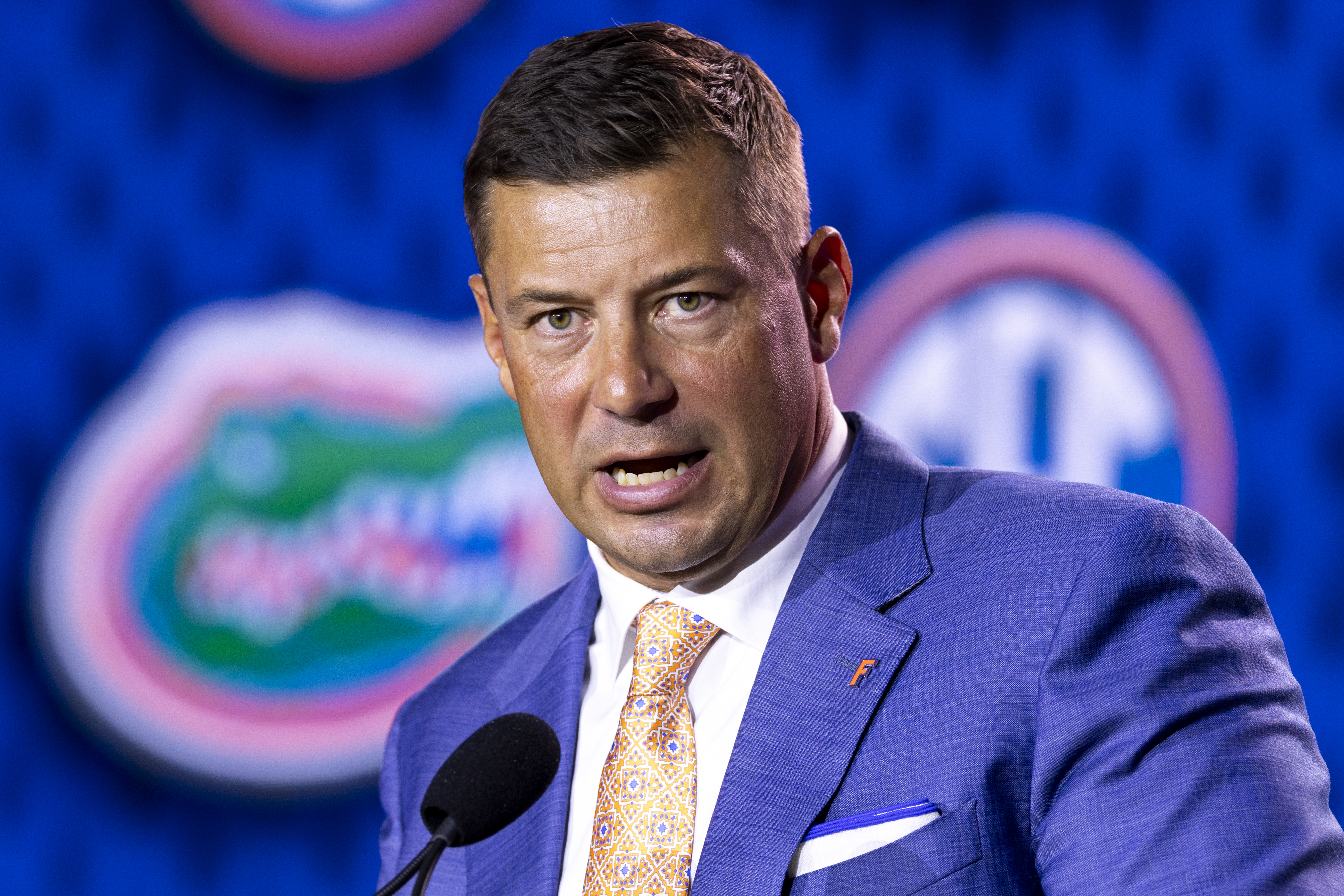 TAMPA, FLORIDA - JULY 22: Head Coach Jon Sumrall of the Florida Gators speaks at SEC Football Kickoff Media Day at Tampa Marriott Water Street on July 22, 2026 in Tampa, Florida. (Photo by Parker S. Freedman/Getty Images)