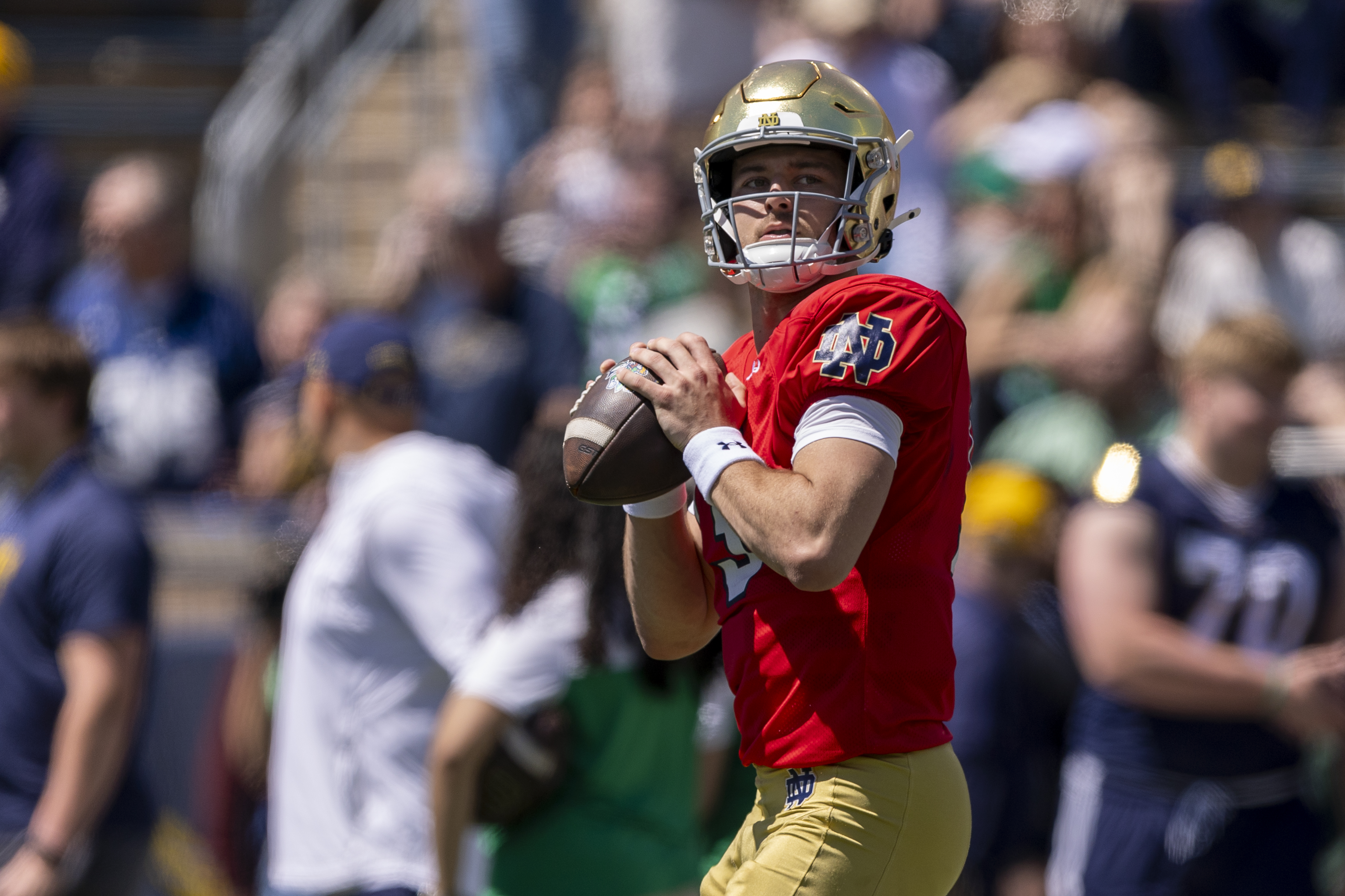 SOUTH BEND, IN- APRIL 25: Notre Dame Fighting Irish quarterback CJ Carr (13) warms up prior to the start of the Notre Dame Spring game on April 25, 2026 at Notre Dame Stadium in South Bend, IN. (Photo by Jeffrey Brown/Icon Sportswire via G…