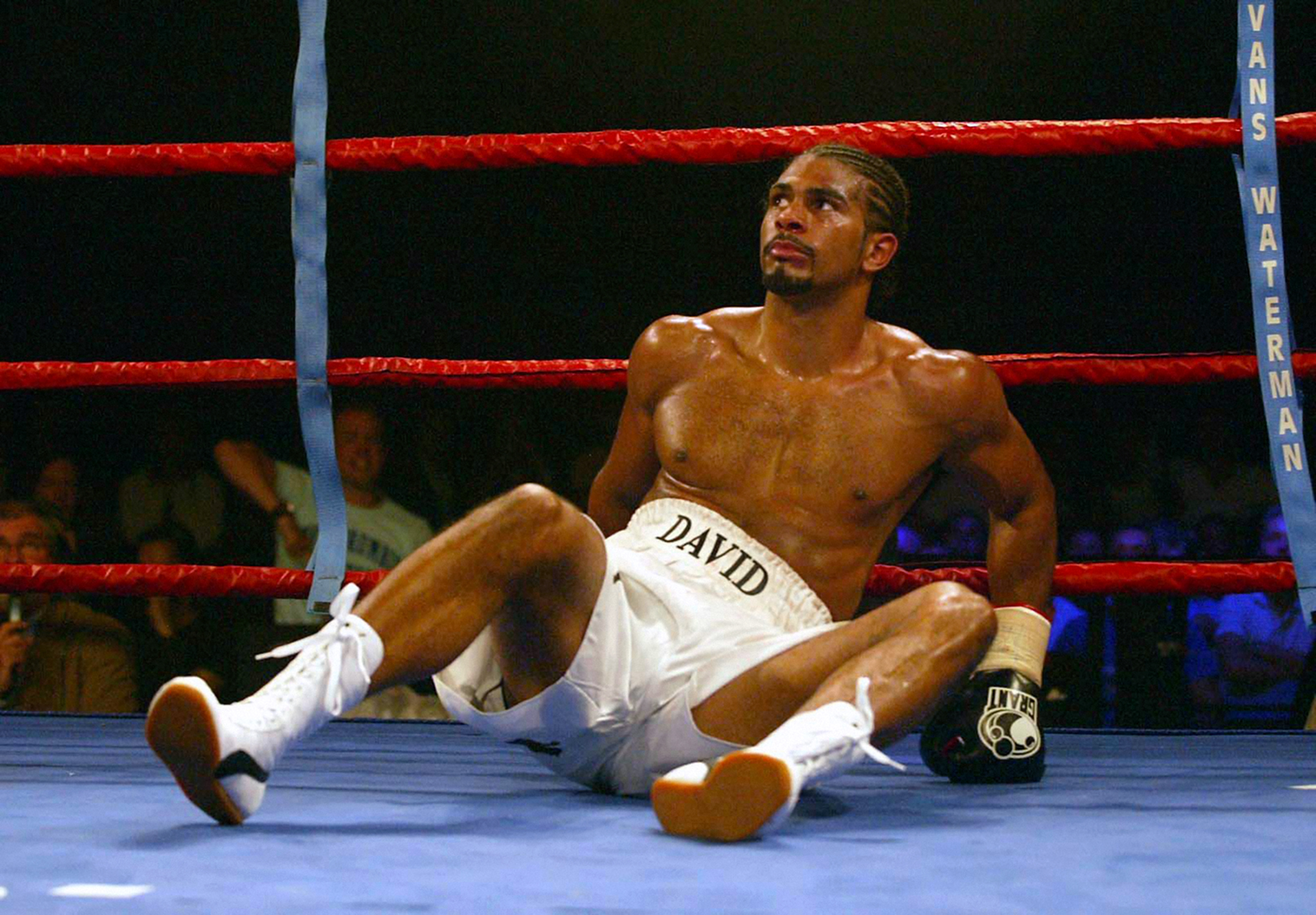 David Haye, looks up from the canvas during his bout against Carl Thompson, at Wembley Arena. Thompson retained his IBO Cruiserweight title, stopping challenger Haye in the fifth round.   (Photo by Mark Lees - PA Images/PA Images via Getty Images)