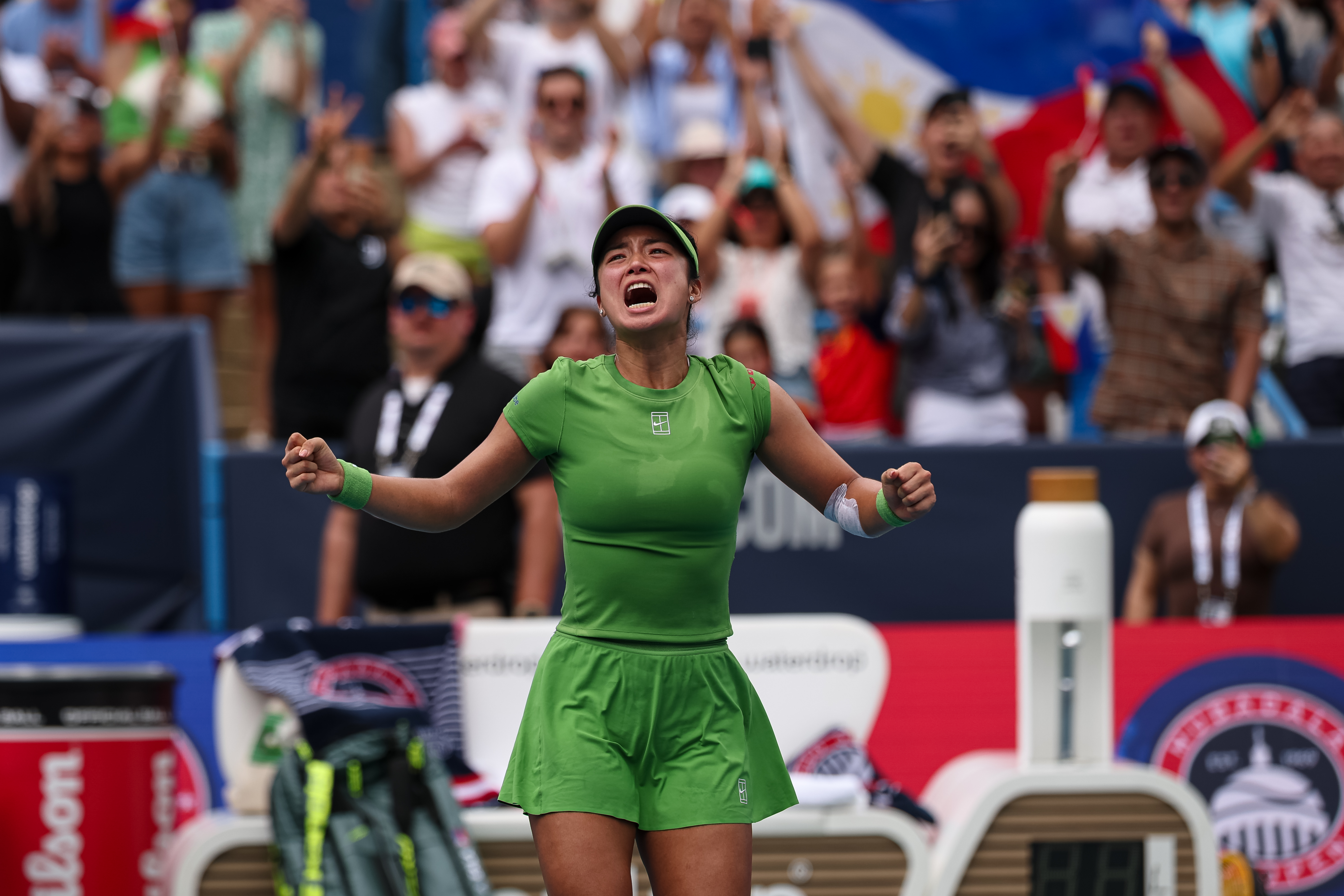 WASHINGTON, DC - AUGUST 03: Alexandra Eala of the Philippines reacts after winning the women's singles championship match against Jessica Pegula of the United States on the final day of the Mubadala DC Open 2026 at William H.G. FitzGerald Tennis Center on August 3, 2026 in Washington, DC. (Photo by Scott Taetsch/Getty Images)