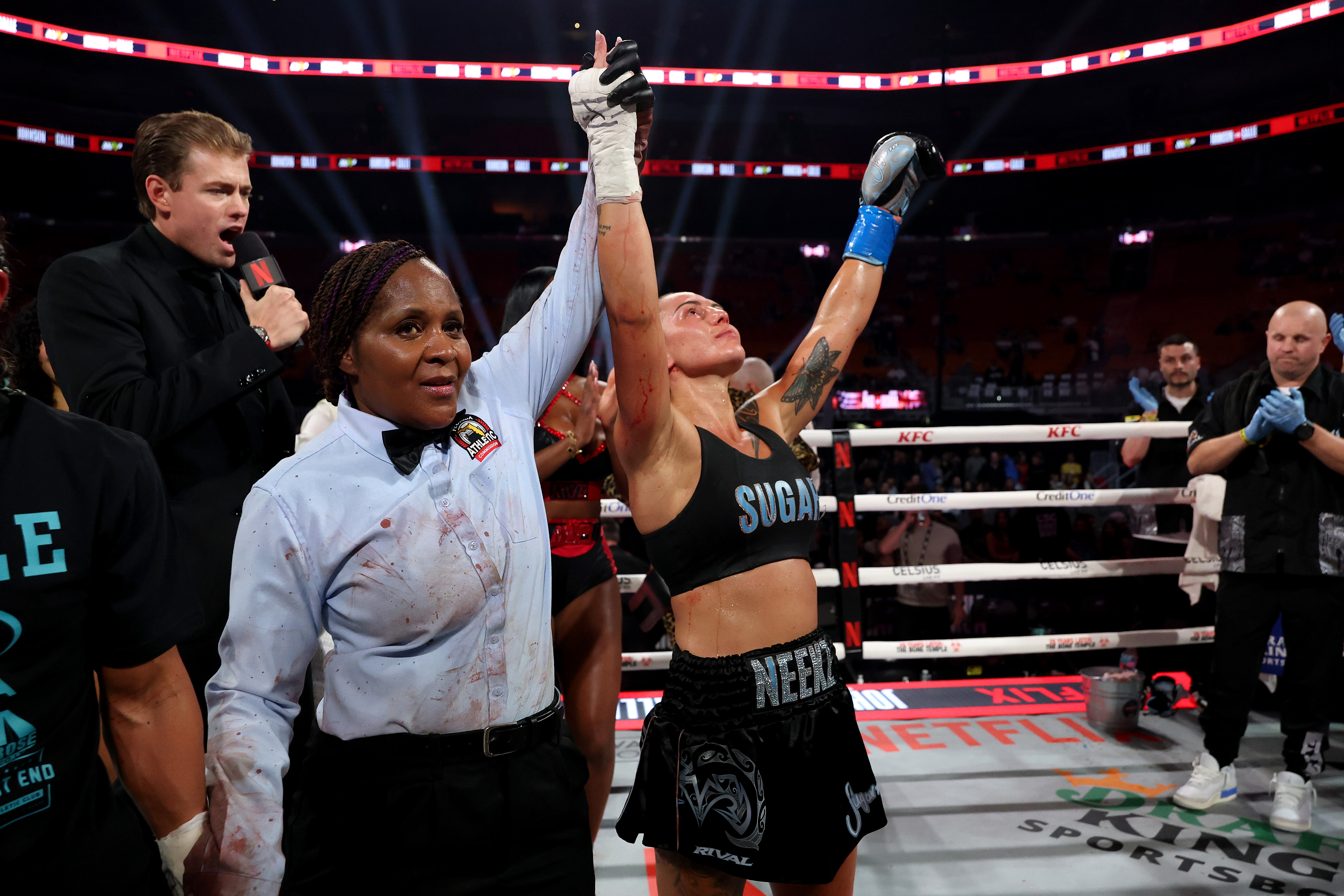 MIAMI, FLORIDA - DECEMBER 19: Cherneka Johnson celebrates victory over Amanda Galle in their bantamweight bout during Jake Paul v Anthony Joshua at Kaseya Center on December 19, 2025 in Miami, Florida. (Photo by Ed Mulholland/Getty Images for Netflix)