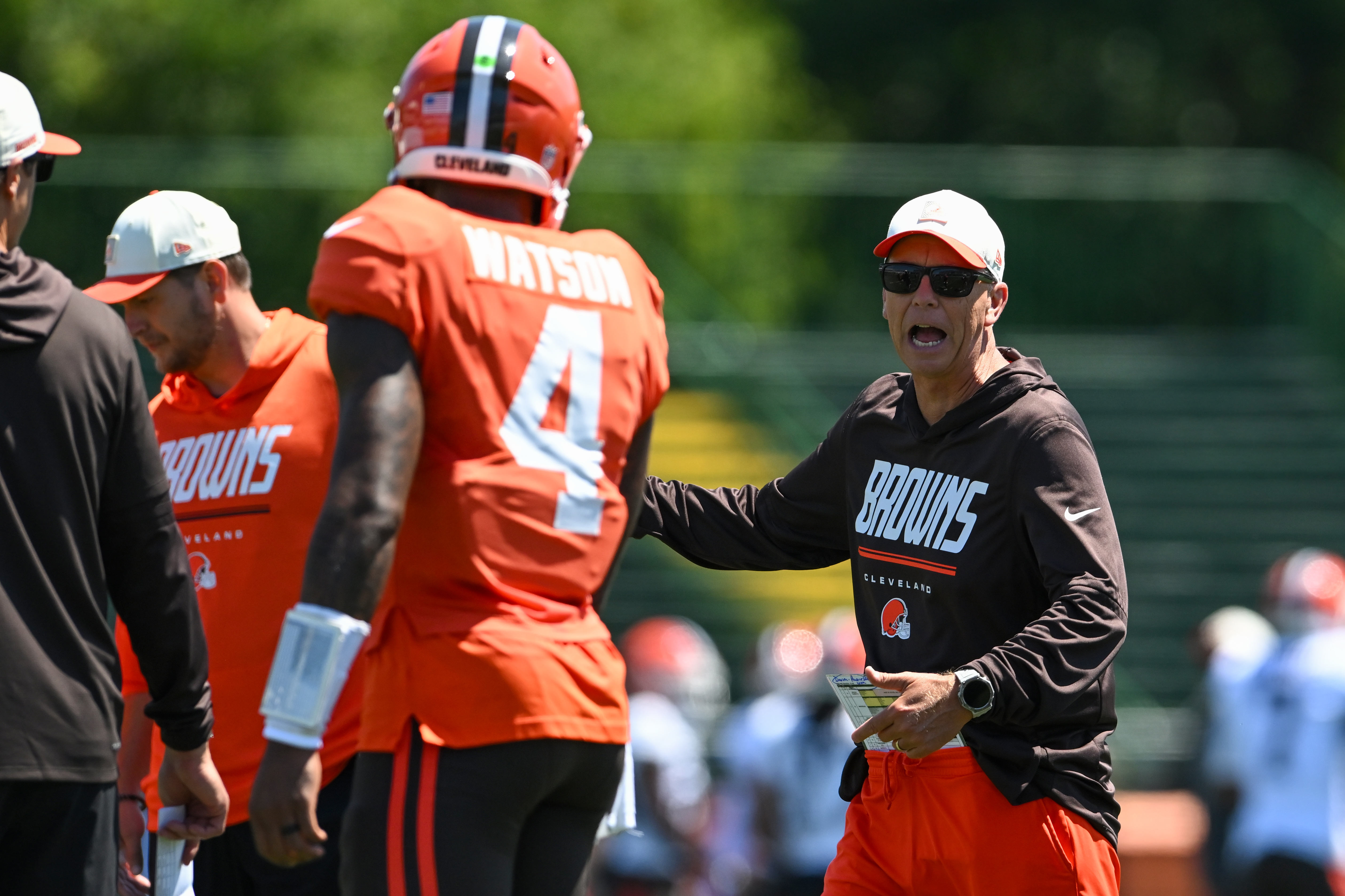 BEREA, OHIO - AUGUST 03: Head coach Todd Monken of the Cleveland Browns instructs Deshaun Watson #4 during the Cleveland Browns Training Camp at CrossCountry Mortgage Campus on August 03, 2026 in Berea, Ohio. (Photo by Nick Cammett/Getty Images)