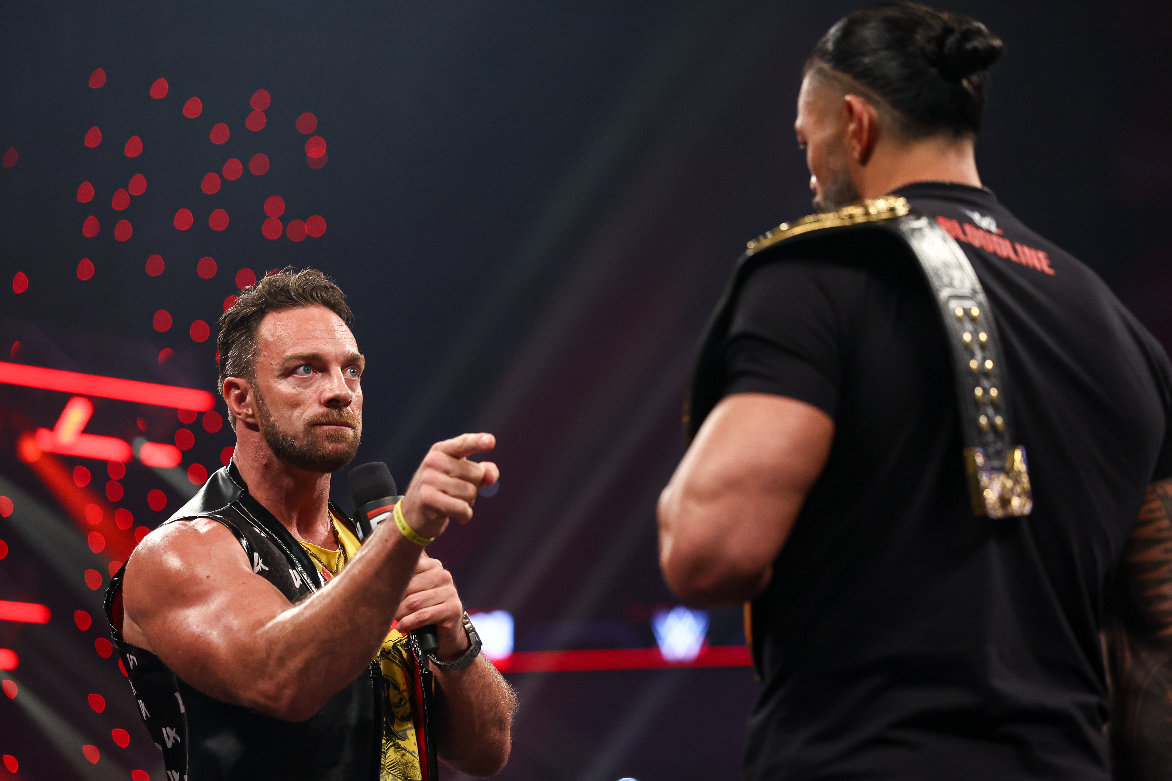 DES MOINES, IOWA - AUGUST 03: LA Knight and Roman Reigns speak during Monday Night RAW at Casey's Center on August 3, 2026 in Des Moines, Iowa.  (Photo by Kevin Sebatis/WWE via Getty Images)