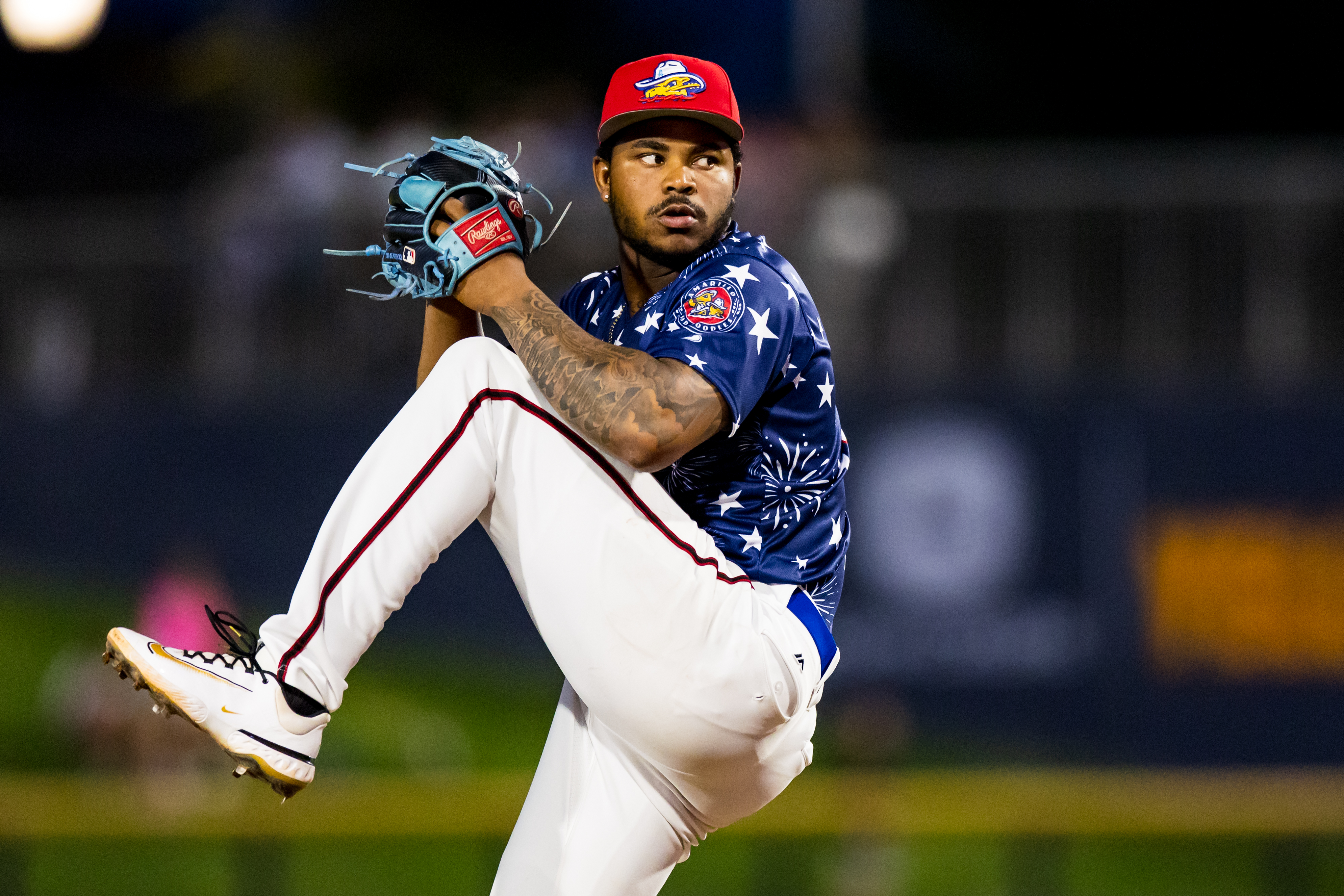 AMARILLO, TEXAS - Alfred Morillo of the Amarillo Sod Poodles pitches during the game against the San Antonio Missions Friday, July 31, 2026. (Photo by John E. Moore III/Getty Images)