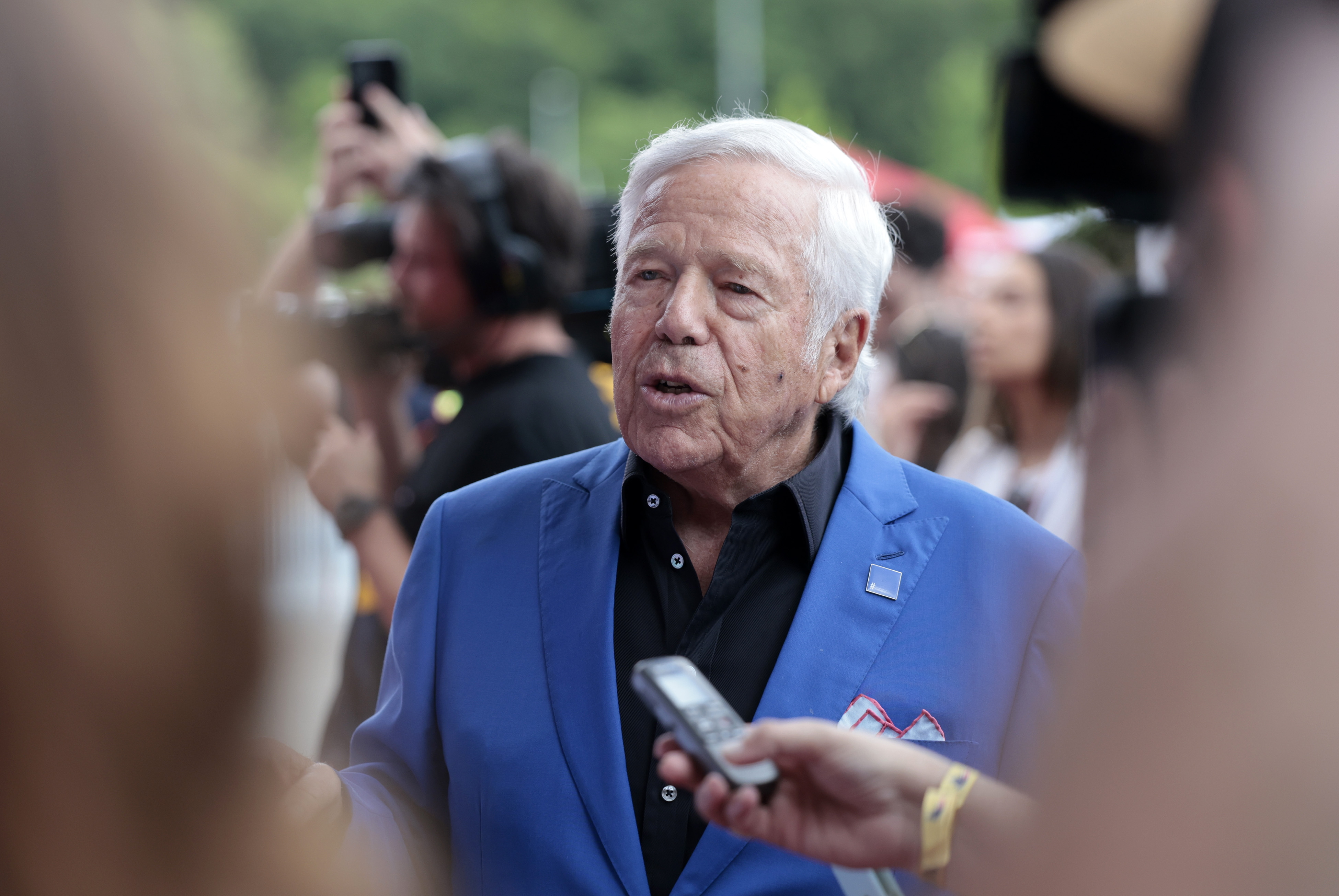 FOXBOROUGH, MA - JUNE 12: New England Patriots chairman and CEO Robert Kraft speaks with the press during the induction of Tom Brady into the New England Patriots Hall of Fame on June 12, 2024 at Gillette Stadium in Foxborough, Massachusetts. (Photo by Fred Kfoury III/Icon Sportswire via Getty Images)