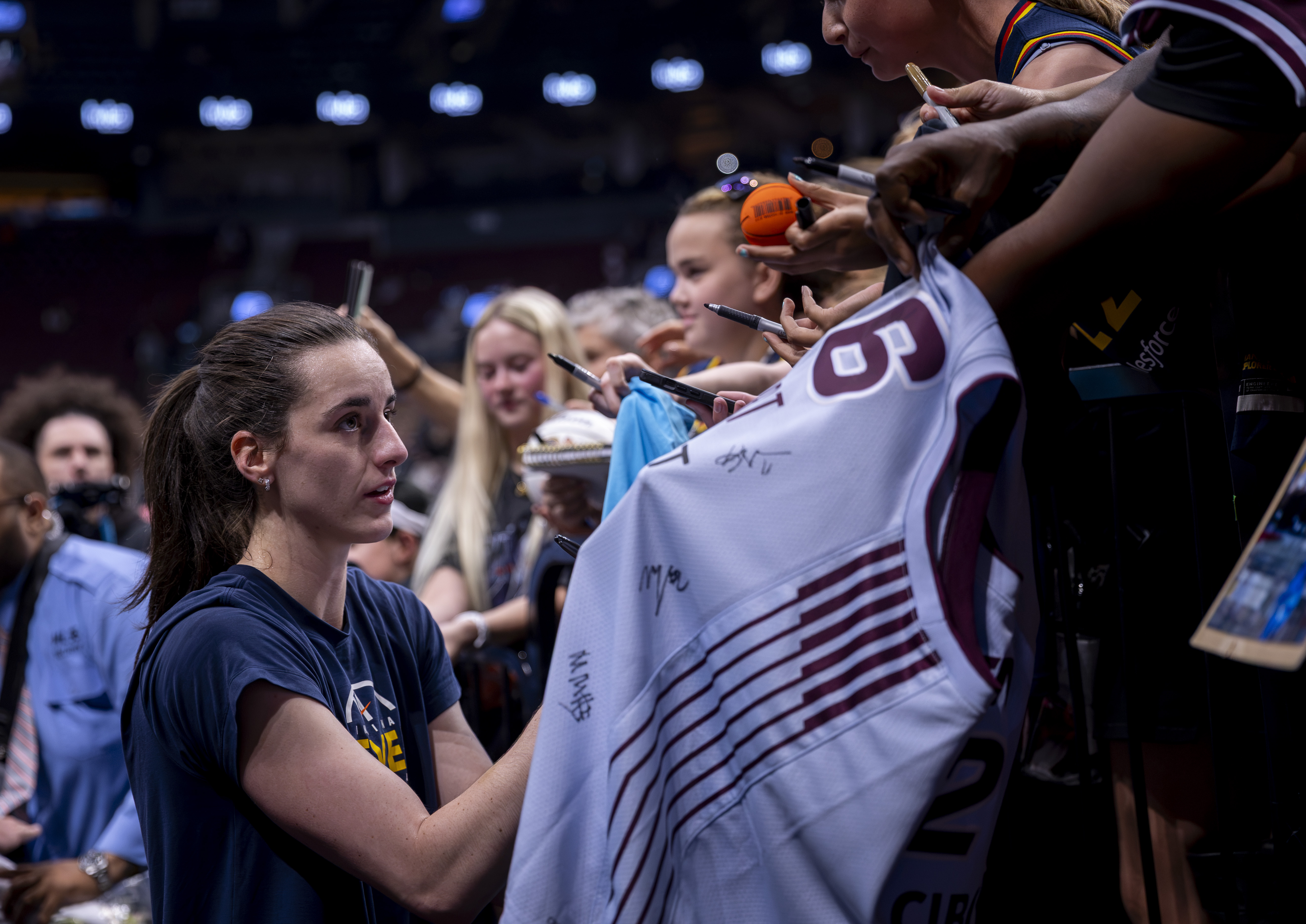 TORONTO, CANADA - AUGUST 18: Caitlin Clark #22 of the Indiana Fever interacts with fans ahead of a WNBA game against the Toronto Tempo at Scotiabank Arena on August 18, 2026 in Toronto, Canada. NOTE TO USER: User expressly acknowledges and agrees that, by downloading and or using this photograph, User is consenting to the terms and conditions of the Getty Images License Agreement. (Photo by Tara Walton/Getty Images)