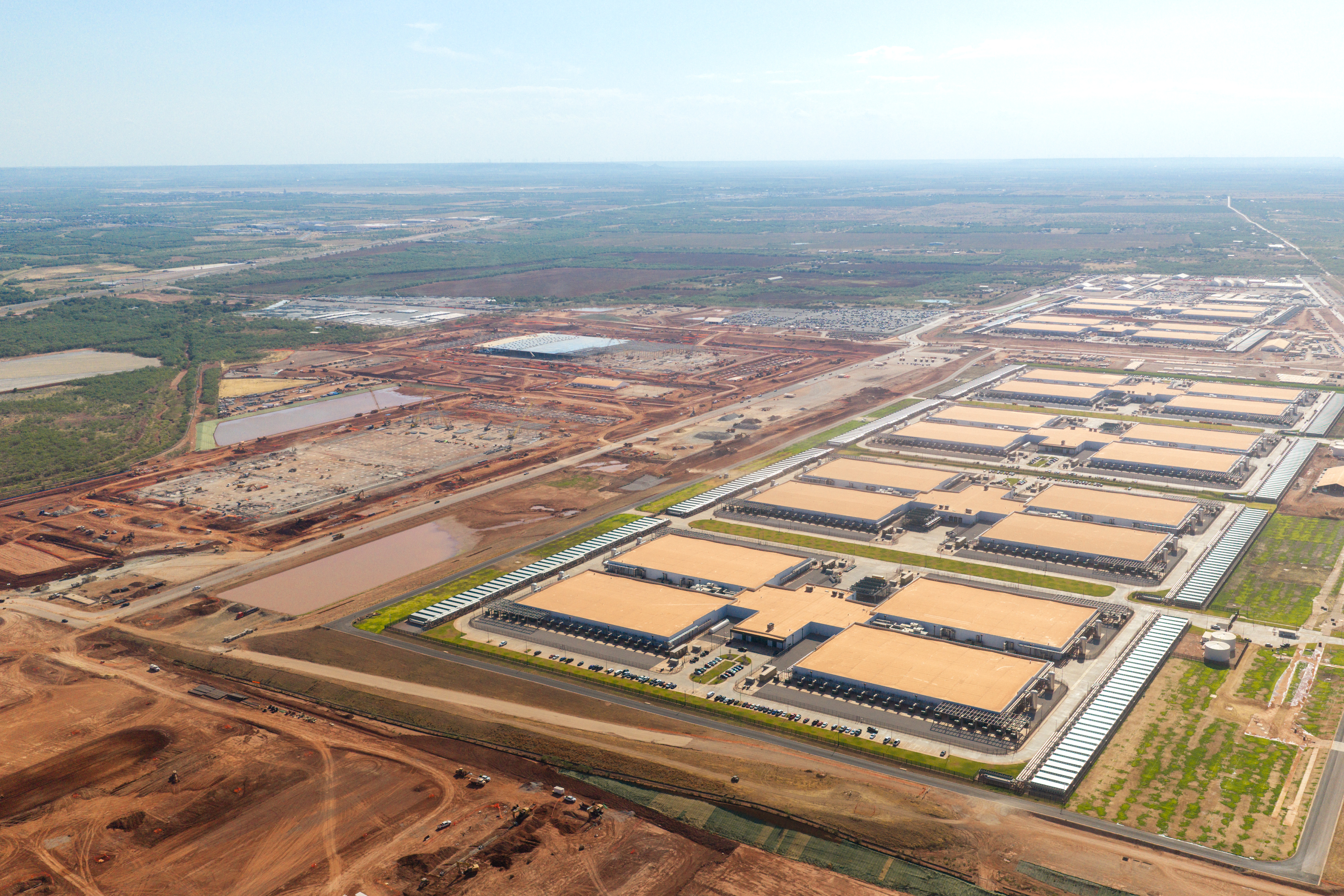 In an aerial view, the Stargate Oracle AI data center campus in Abilene, Texas.