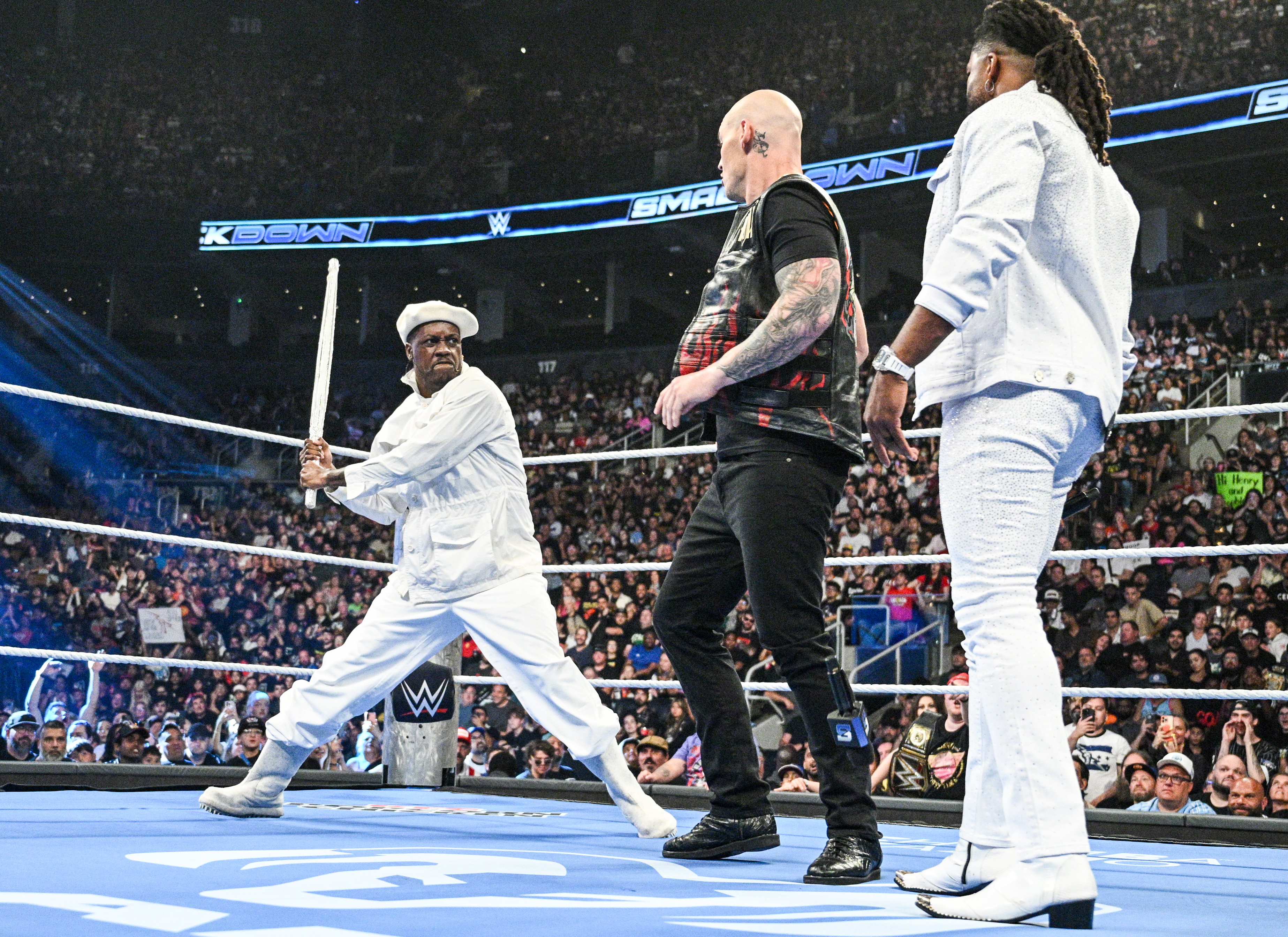 TORONTO, CANADA - AUGUST 21: Lil Yachty attacks Barron Corbin with a Kendo Stick during SmackDown at Scotiabank Arena on August 21, 2026 in Toronto, Ontario. (Photo by Michael Marques/WWE via Getty Images)