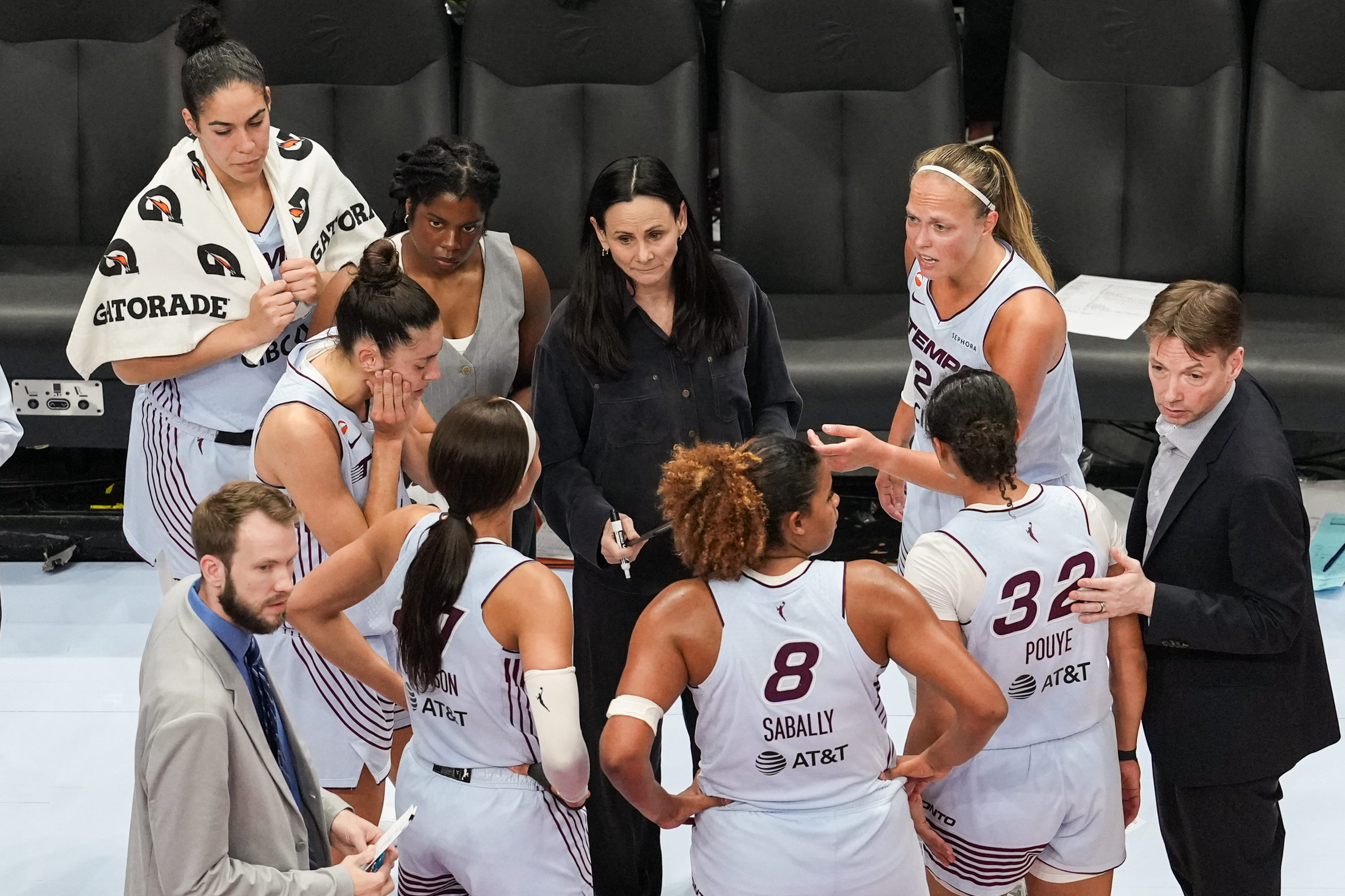 Toronto Tempo head coach Sandy Brondello addresses the team during a timeout in the WNBA game between the Toronto Tempo and Phoenix Mercury at Scotiabank Arena in Toronto, Ontario, Canada, on June 27, 2026. (Photo by Yuan Tian/NurPhoto via Getty Images)